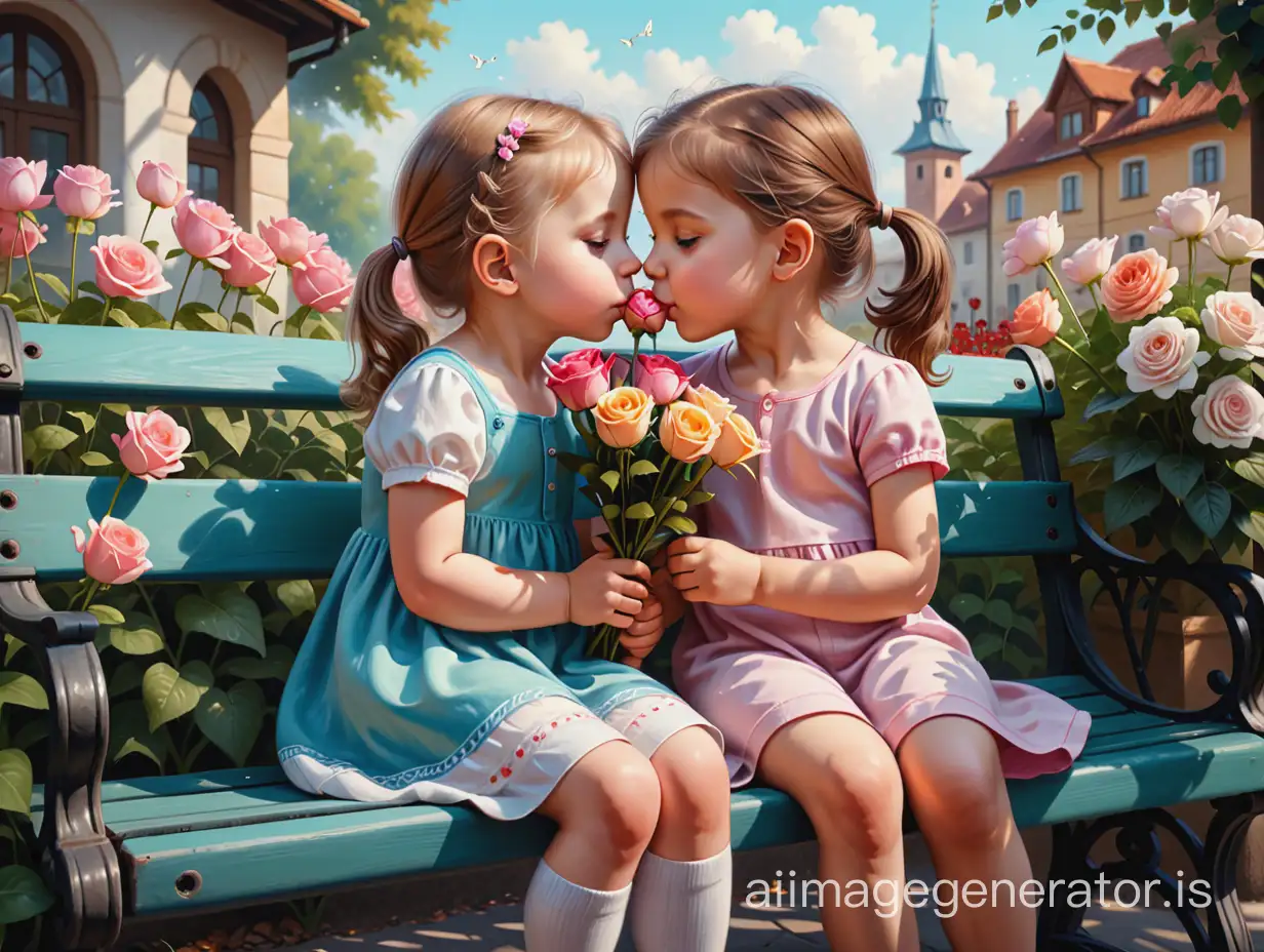 a picture of two children sitting on a bench, a painting by Igor Kerylyuk, in the cg Society trend, holding flowers, 4k, kissing cutely, very detailed, trending on artstation, award winning painting, anatomically correct