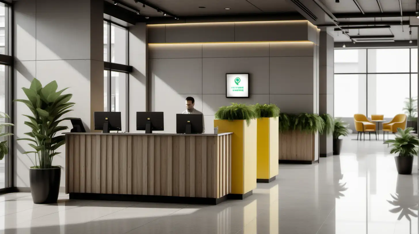 A modern minimalist industrial hotel lobby, where there are two tall standing self-service desk, one with a computer and one without a computer. There is one ATM machine at the corner. There are two standing check in counters, and a cozy customer lounge area. The color of the lobby are dominantly bright light grey, white, with some warm wooden ornaments, and some cheerful lemon yellow color accent at some part. There are some small green plant in pots at some corners.