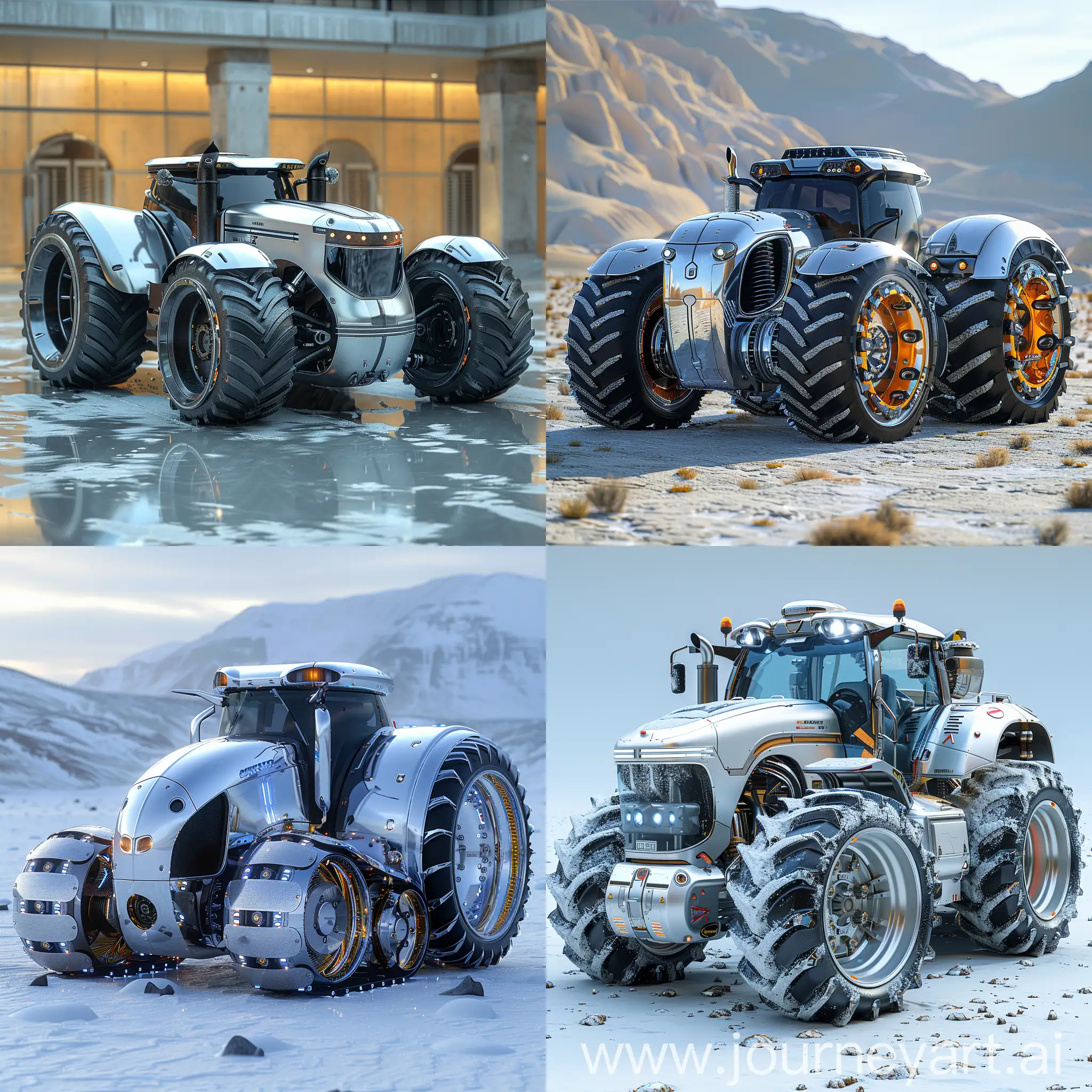 Futuristic tractor, stainless steel, reinforced materials, high tech, octane render --stylize 1000
