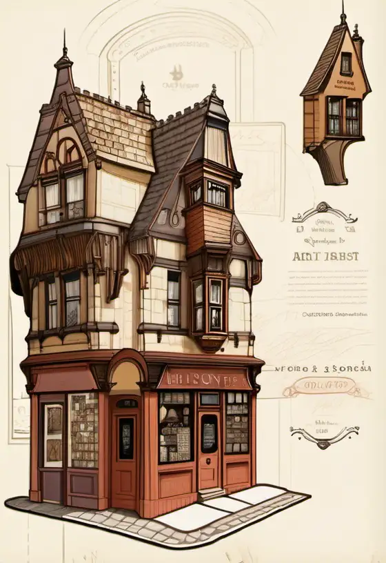 unique artist storefront on a quaint scottish town with tall towers that are crooked and uneven rooflines, on light beige, bold color, muted palette, Victorian era, architectural line drawing with notes and sketches of inventory, intricate, puzzle-like elements