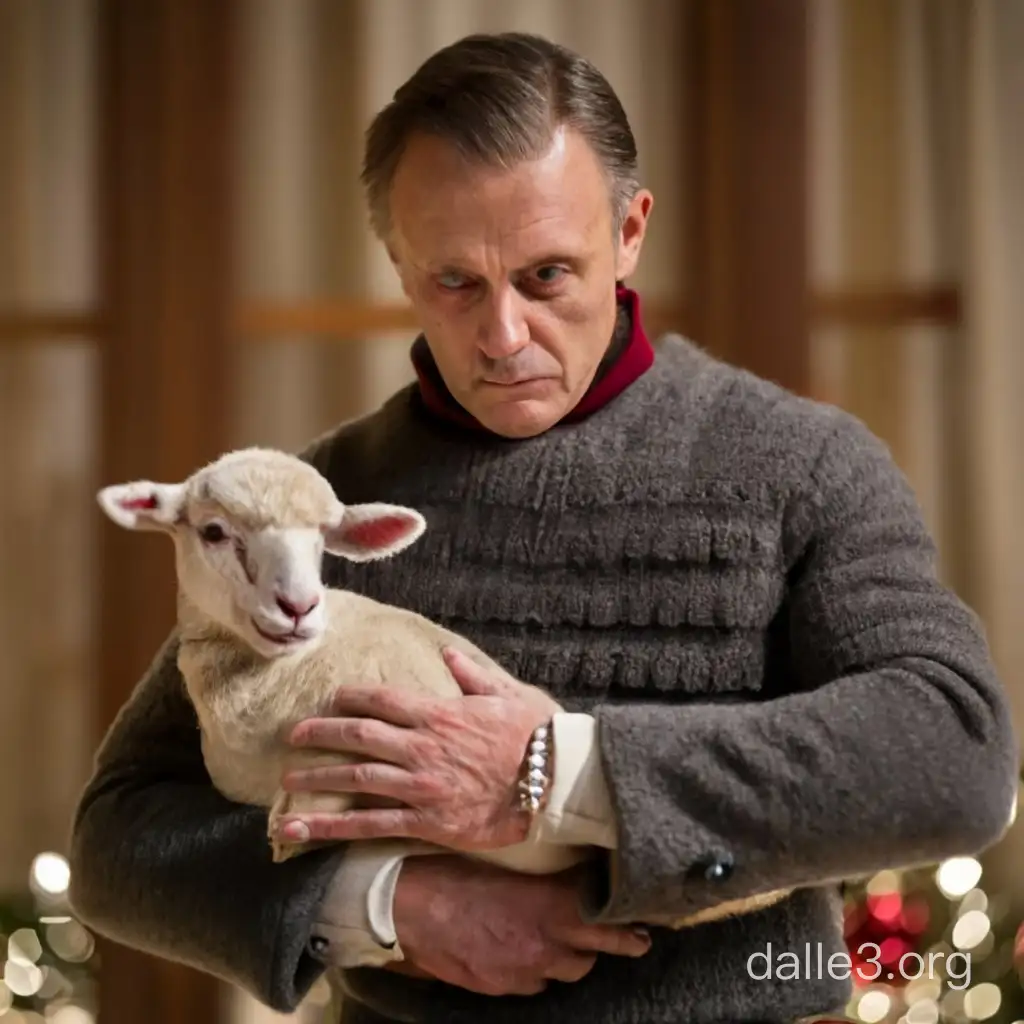 Hannibal Lecter strokes a lamb in a Christmas photo