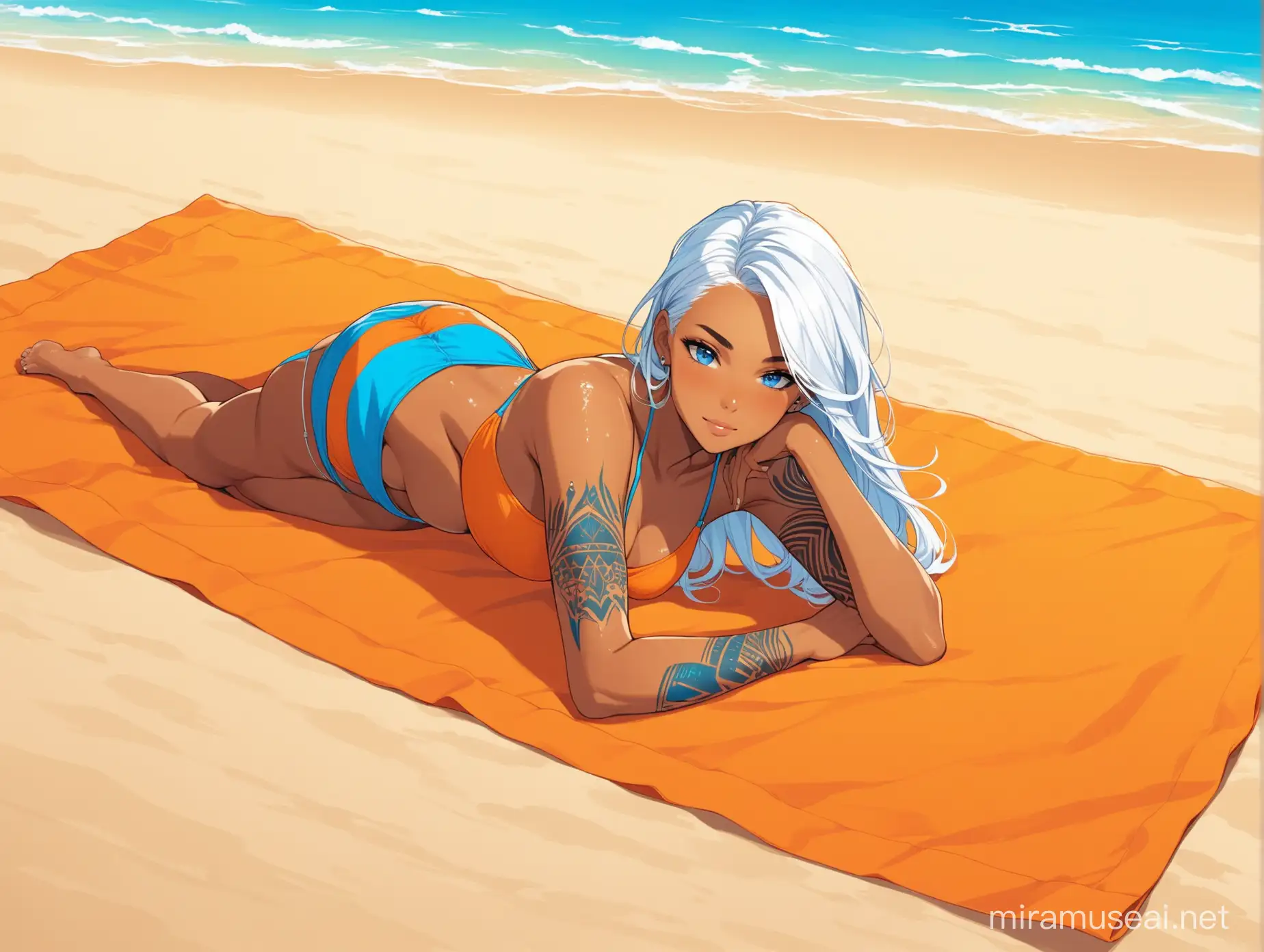 A young beautiful woman, in her 20s, with wet white hair, tanned brown skin, tonned figure, blue eyes and blue arrow tattoos, she is relaxing lying on a orange towel at the beach, wearing a blue and orange tow piece bikini