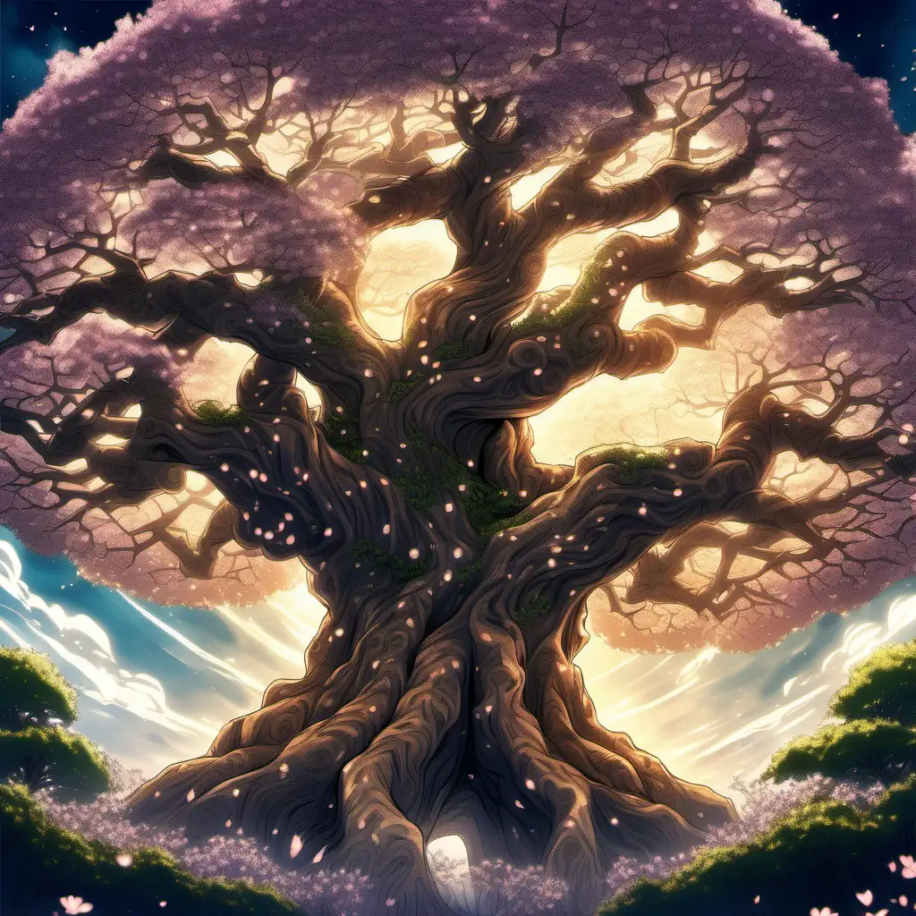 in anime style, a beautiful, magical colossal  oak tree with branches that reach towards the sky, adorned with blossoms . The tree has carvings on its bark bore witness to the realm's history, capturing the echoes of conflicts and resolutions.