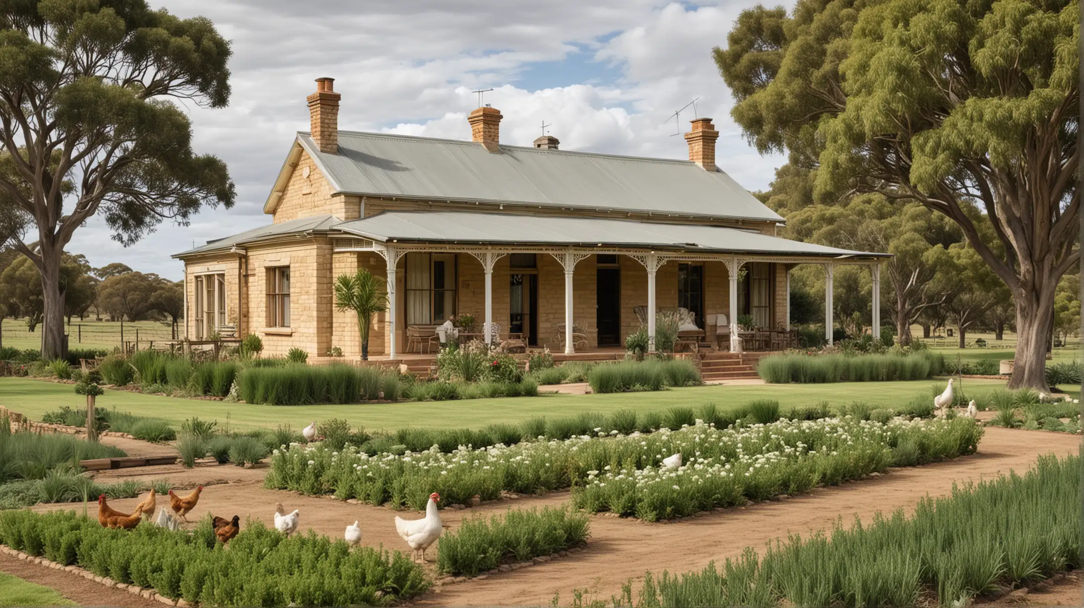  a 1900's Australian farmhouse set on hectares of fertile farmland; beige, black, olive green, sandstone, oak; garden beds, chickens, cows, sheep; separate little cottage