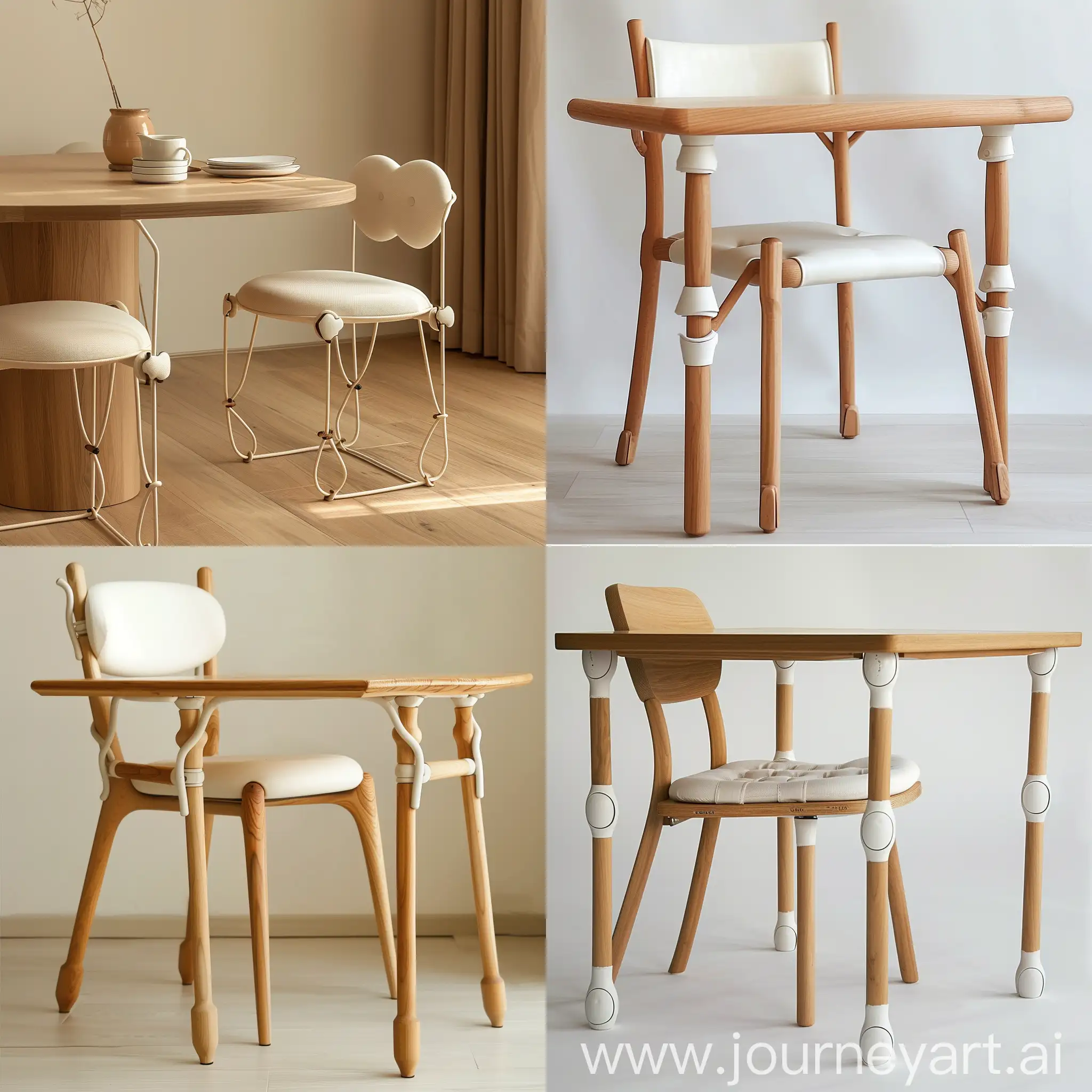 Минималистичный дизайн стула и обеденного стола, у стола и стула в ножках керамические соединения, джапанди, японский минимализм, скандинавский стиль , сиденье и спинка стула мягкие , тонкие ножки у стула и стола, плавные линии