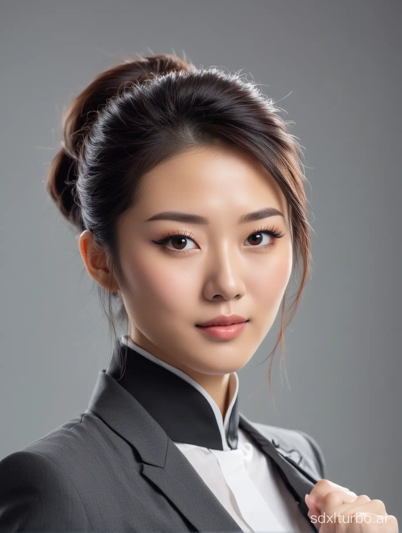 A Chinese beauty wearing professional attire, looking at the camera, mid shot