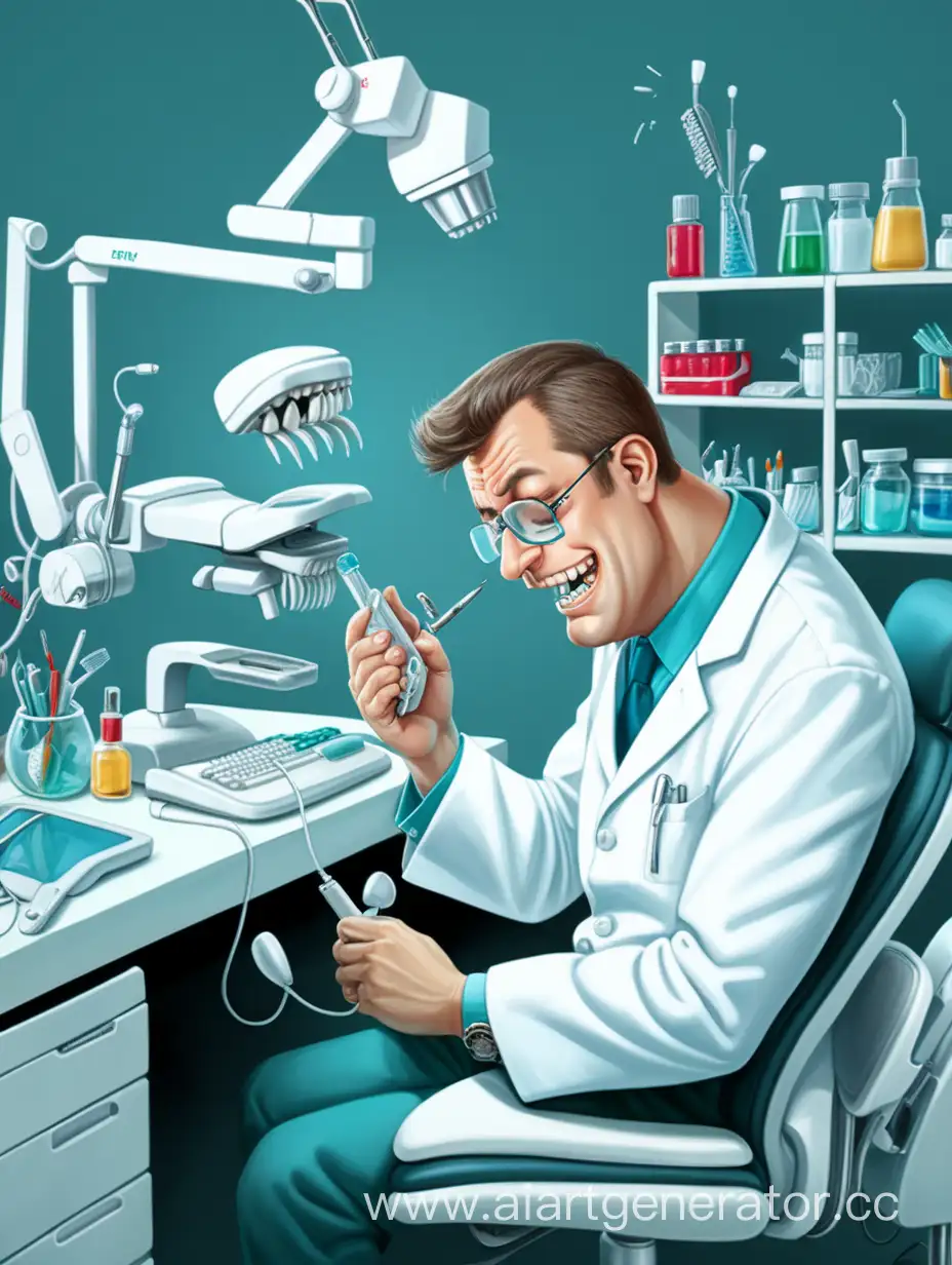 Заведующий зуботехнической лабораторией успевает всё делать много рук и звонит и делает зубы и выдает задания подчиненным и спит