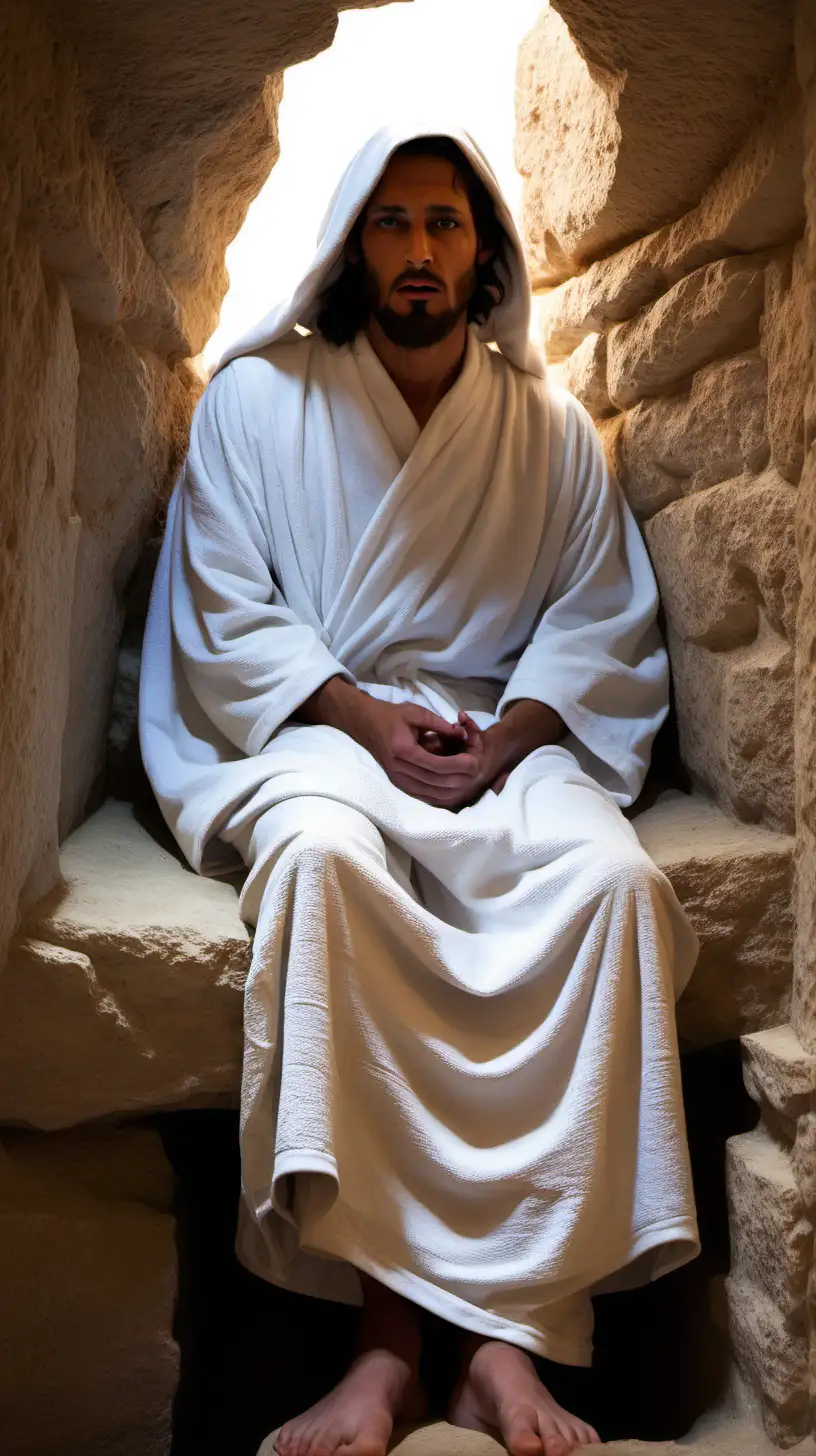 "As they entered the tomb, they saw a young man dressed in a white robe sitting on the right side, and they were alarmed. 'Don’t be alarmed,' he said. 'You are looking for Jesus the Nazarene, who was crucified. He has risen! He is not here. See the place where they laid him.'"