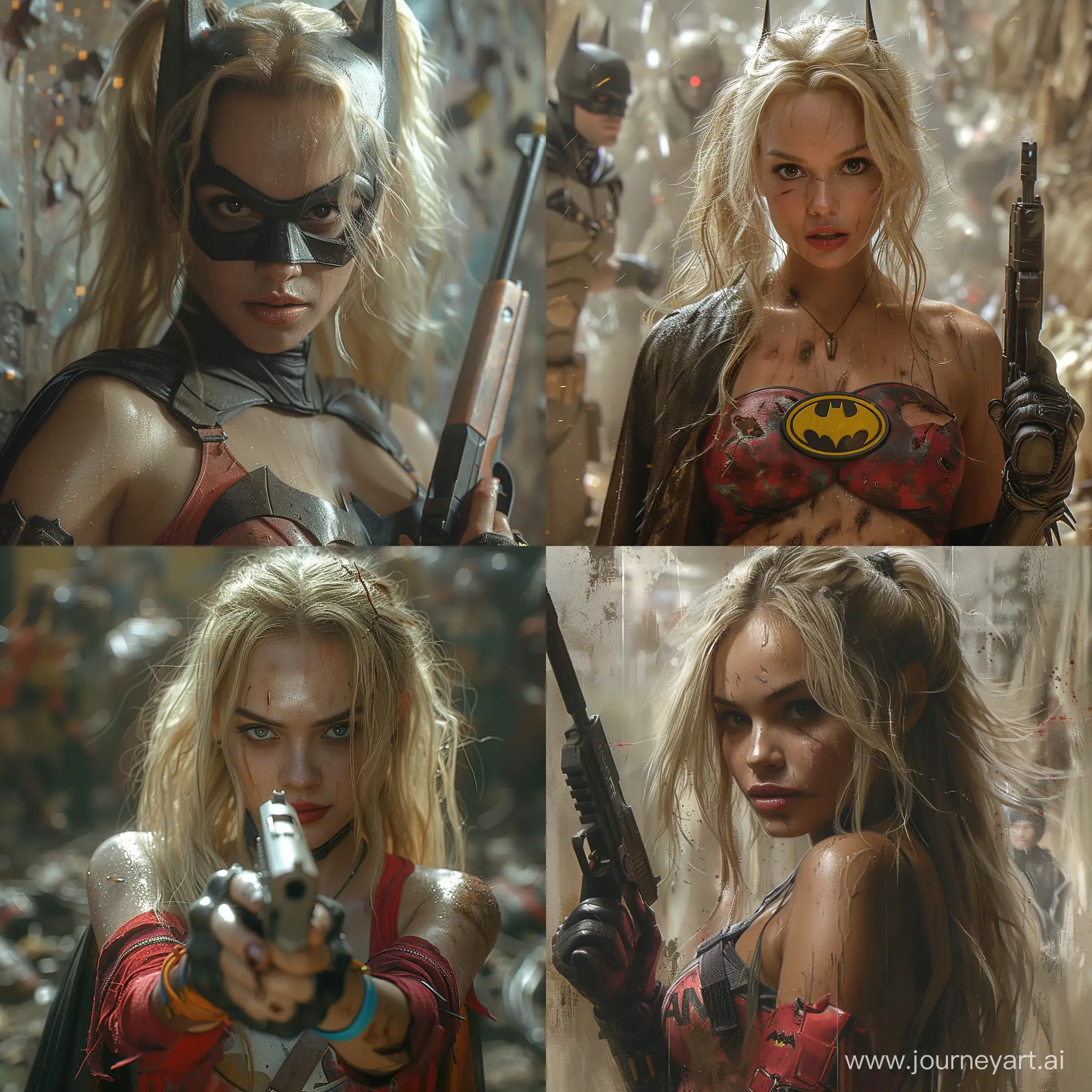 harley quinn from 2022 movie has a menacing personality, a costume intended to create a sinister appearance
Batman wears his costume, suggesting a story of survival or combat. It is worth noting that Batman holds a firearm with a focused gaze, which enhances the feeling of threat.The background behind Batman is unclear and chaotic, with undertones suggesting a post-apocalyptic or war-torn environment. This background completes the hostile image of Batman.Designed to induce a feeling of unease or to subvert the usual cheerful connotation The combination of the Batman motif and aggressive elements creates a juxtaposition that is often used in various forms of media to elicit a strong emotional response --stylize 750 