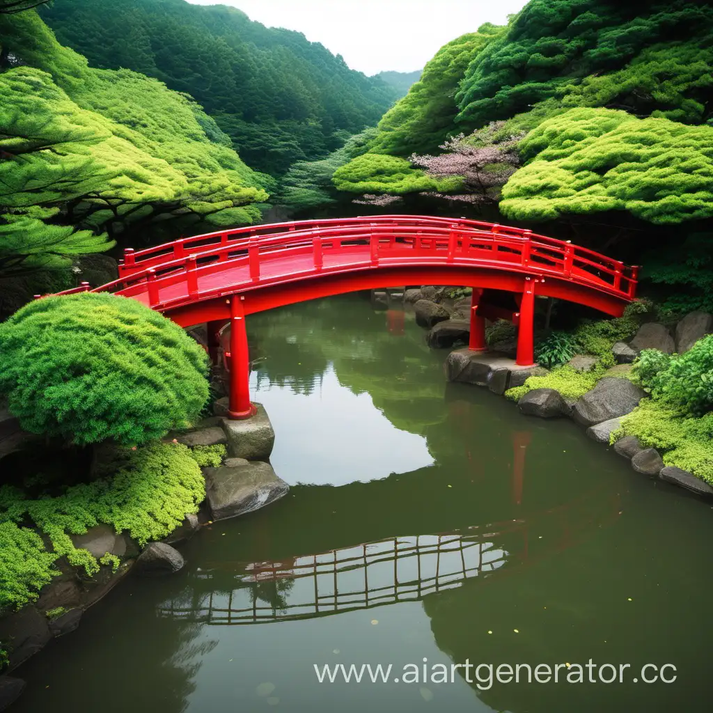 красный маленький мост над рекой в японии,а вокруг зелень