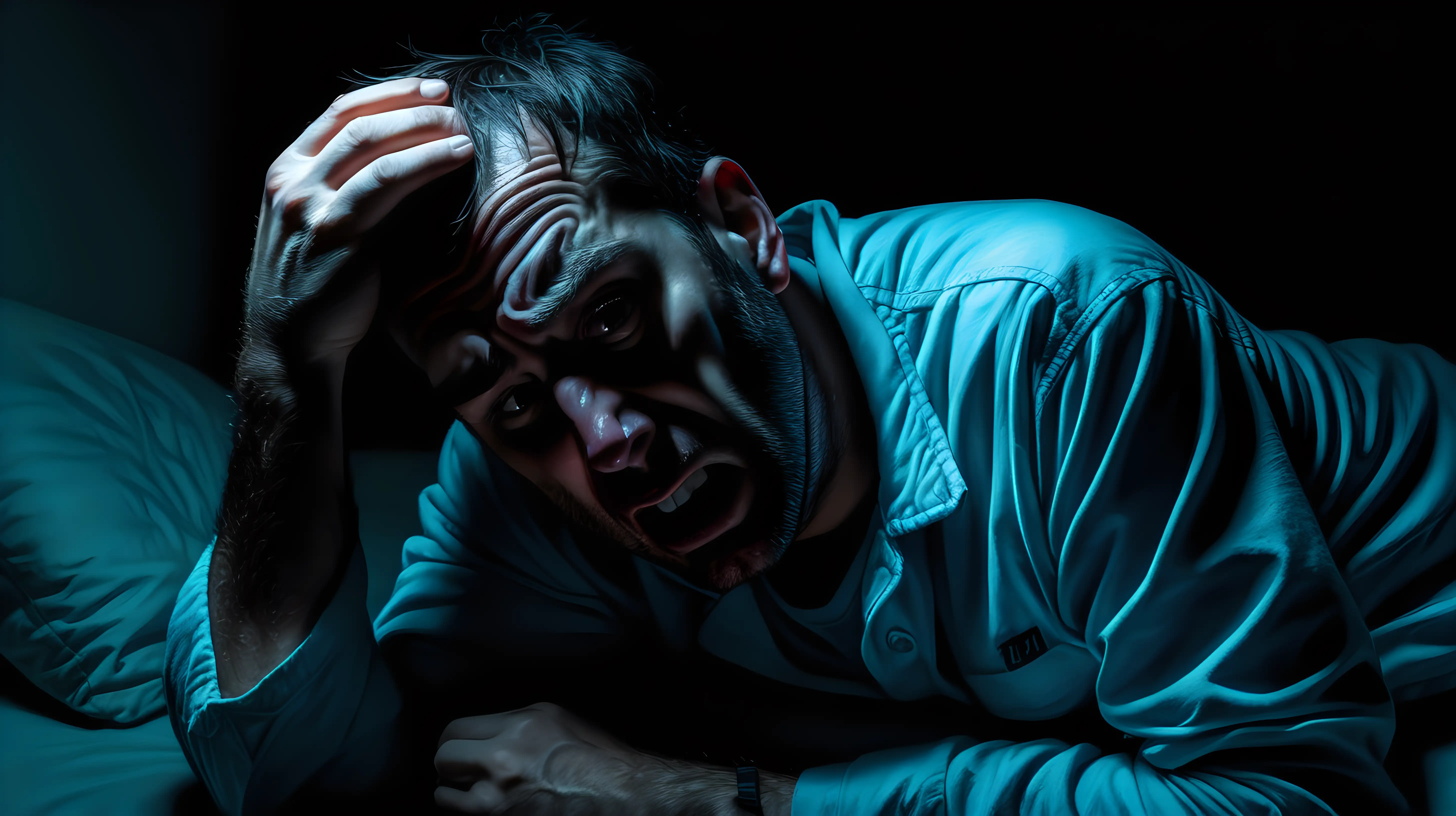 scared lying man in complete darkness with headache and about to vomit