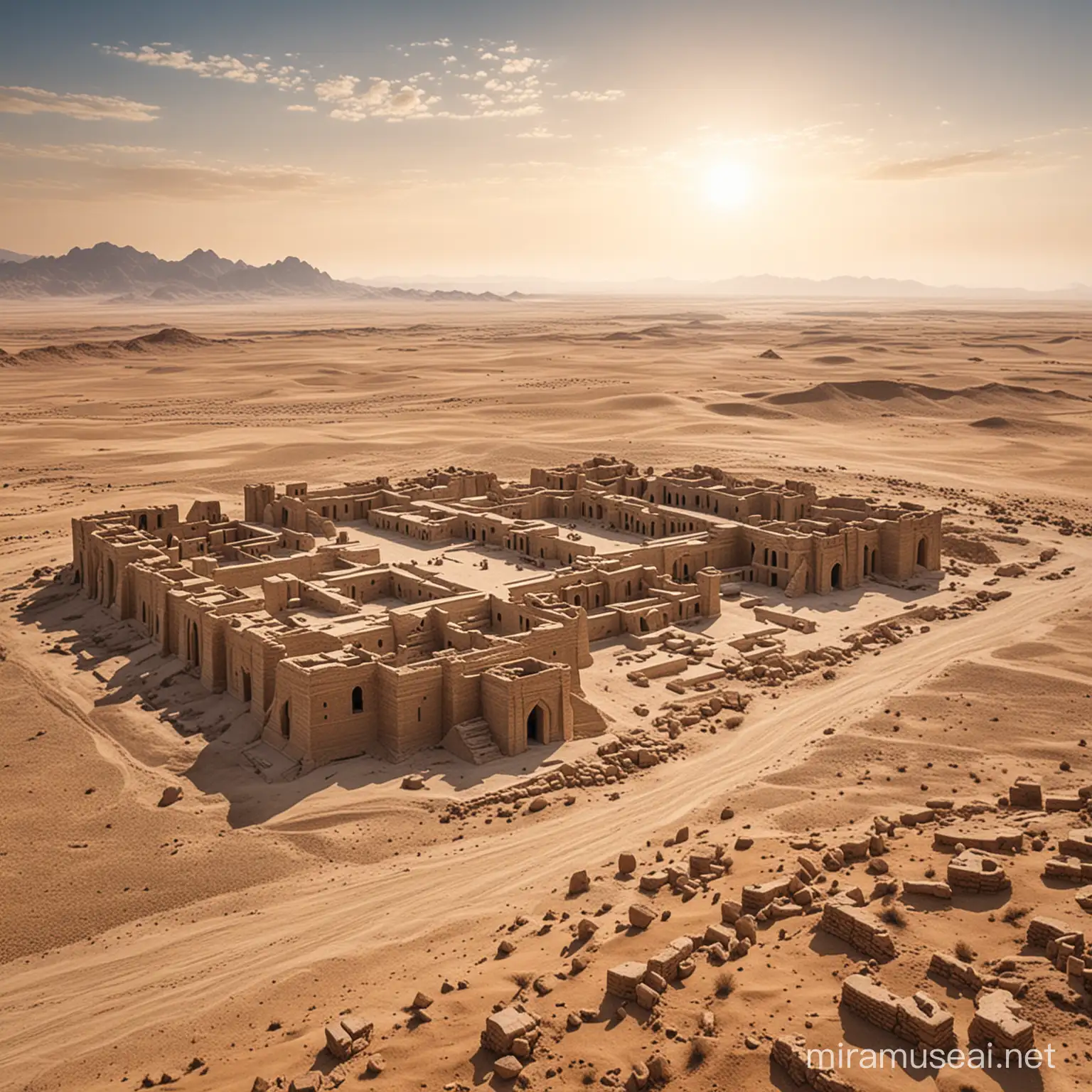 Ancient Persian ruins in a vast desert landscape
