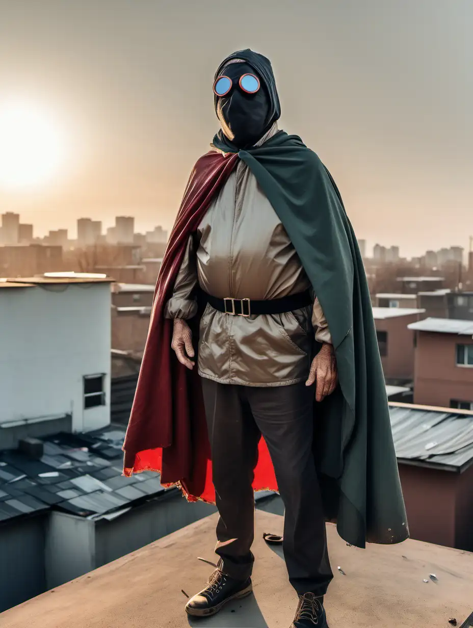 57 year old man standing on a rooftop of a poor neighborhood at sunrise . Wearing cheap costume with old clothes and a cape. He got an army belt. He's wearing a mask over his eyes.