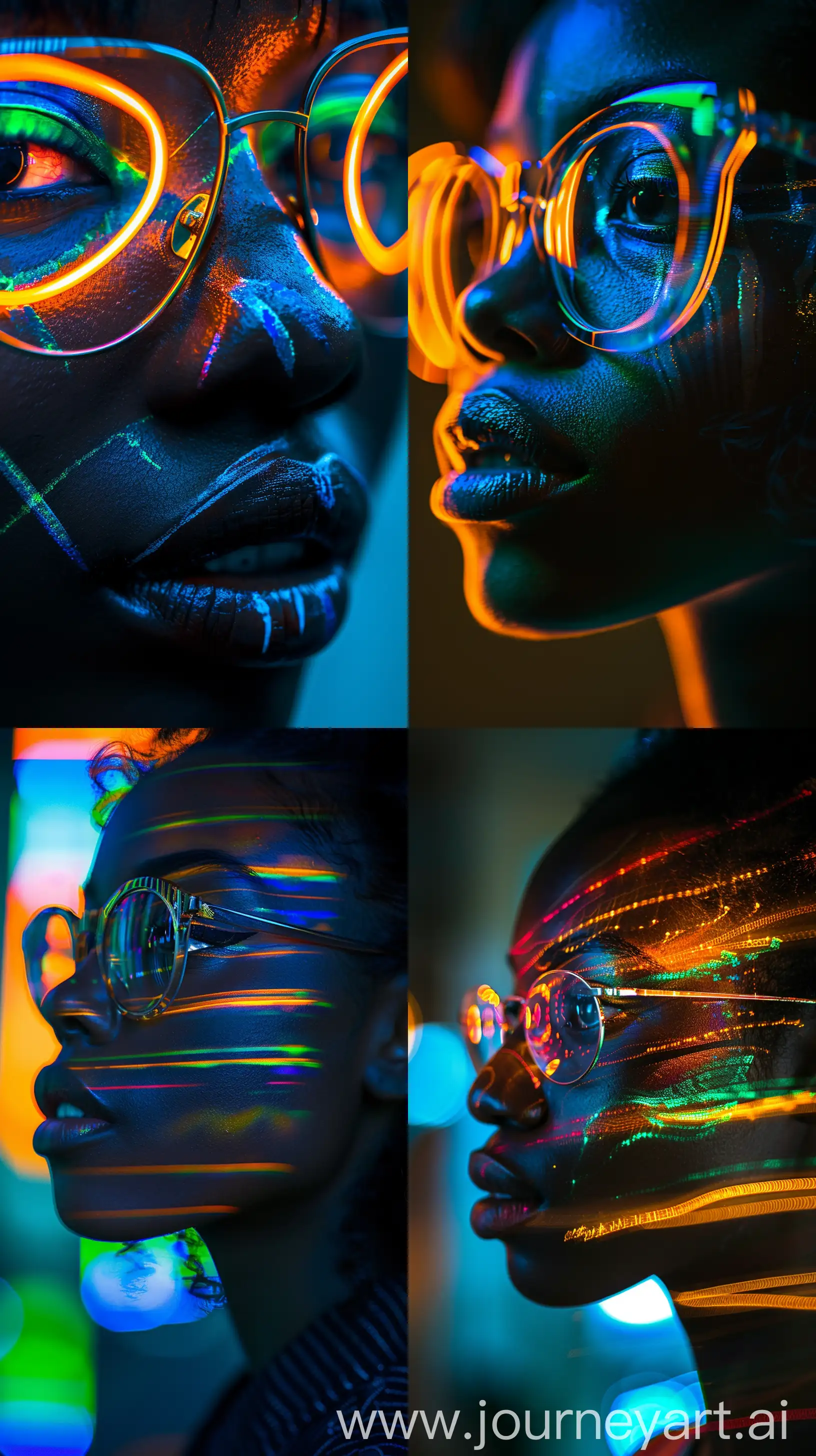 blurred images of a silhouette black woman eyes with glasses covered in long exposure photography traffic, art photography, in the style of bold colorful lines, , orange green and blue, urban energy, nikon d850, light amber and blue, webcam photography --ar 9:16 --style raw --stylize 300
