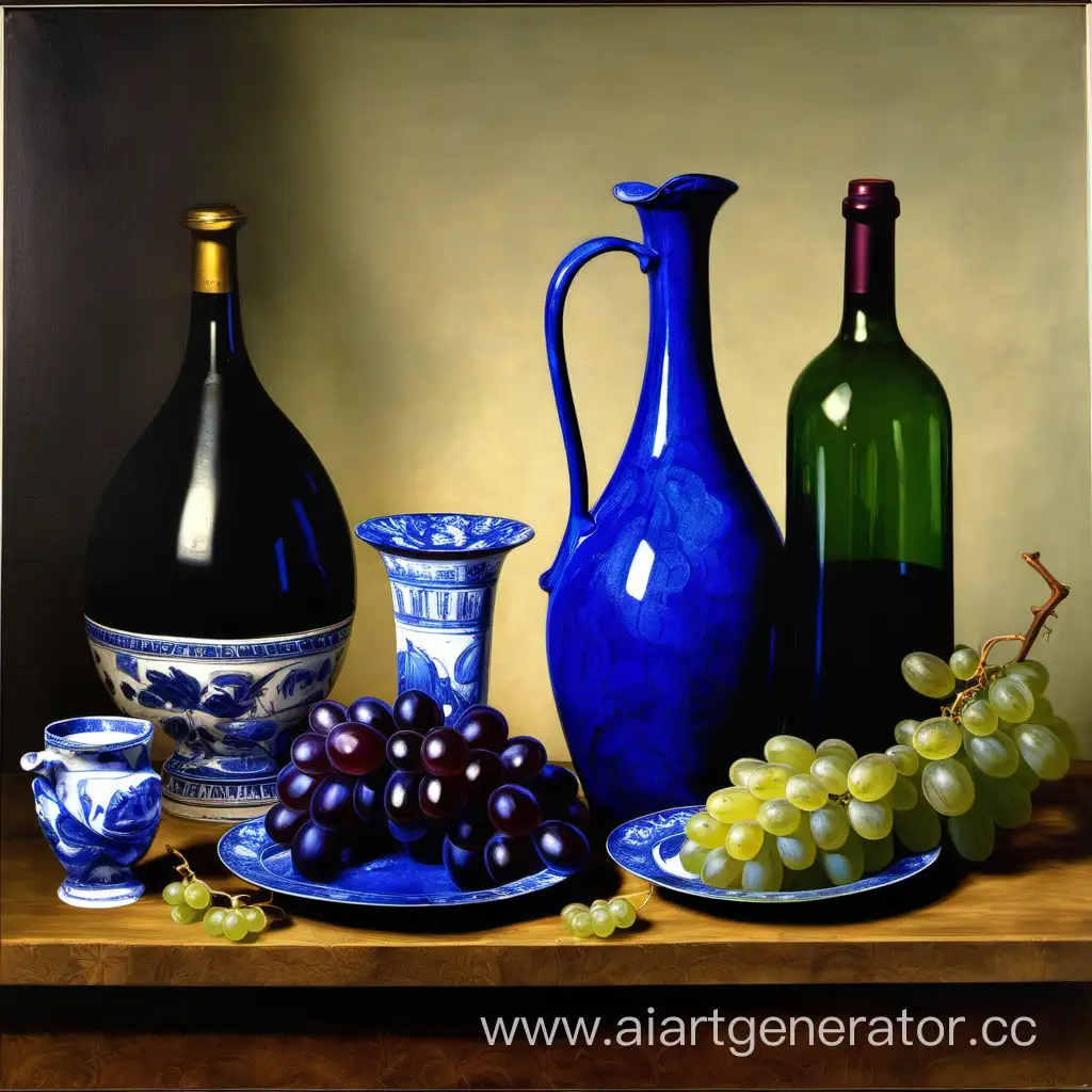 Натюрморт из синего кувшина, бутылки вина и тарелки винограда