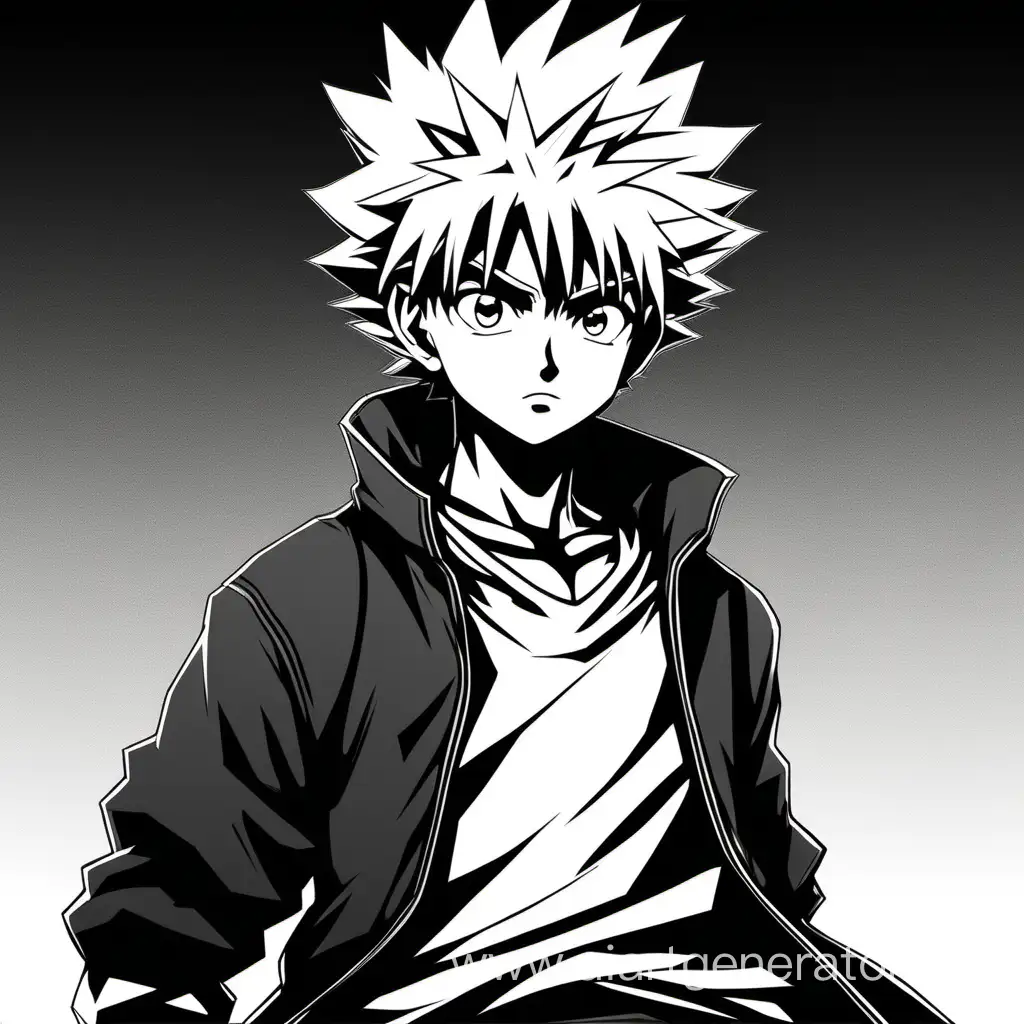 Killua Zoldyck from hunter x hunter. Use only black and white palette. Add more details. sign from the bottom right 'DOTA 2 Ru'.  Add more details.  Add more details.