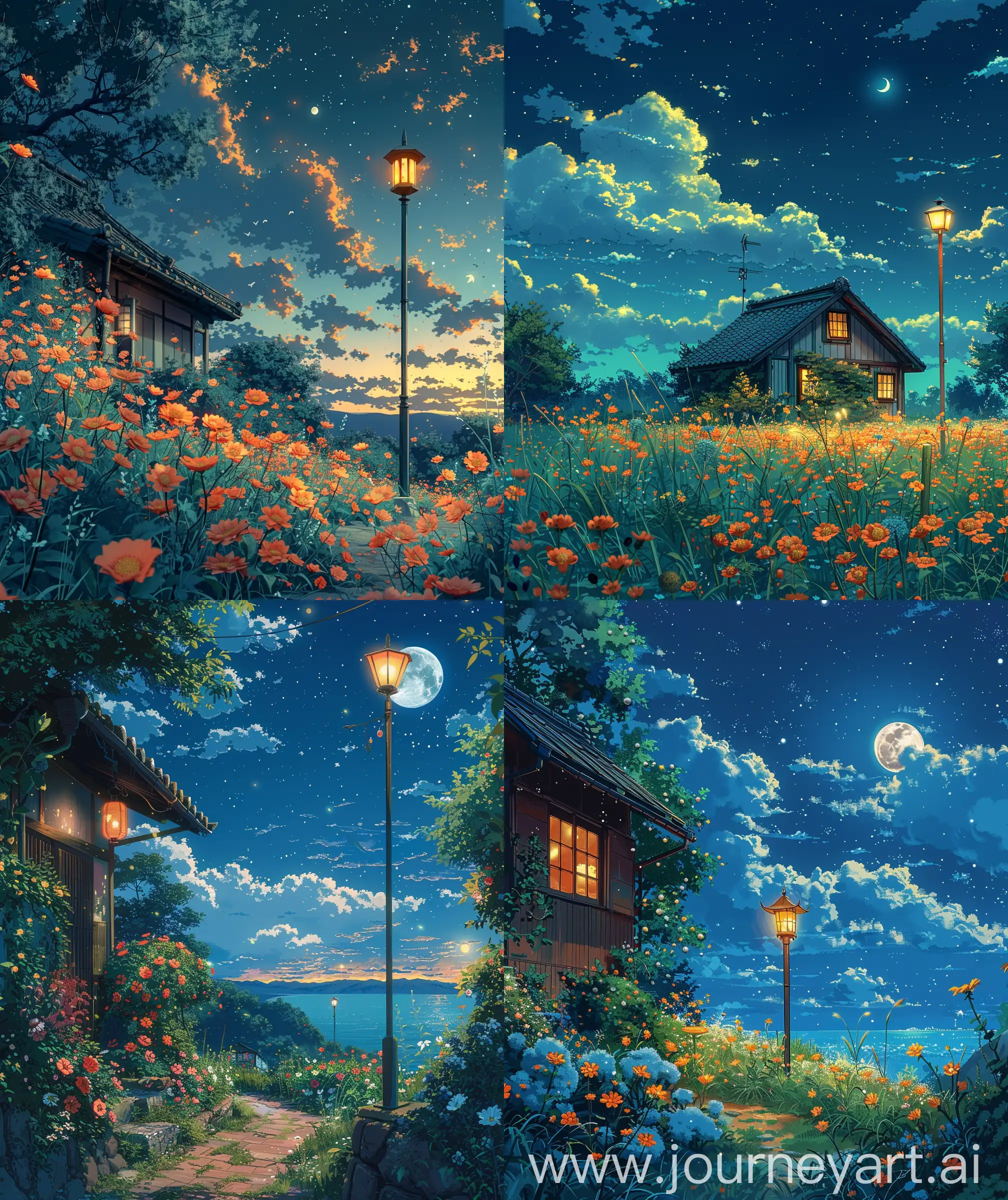 Anime scenary, mokoto shinkai and Ghibli style mix, direct front facade view of Relaxing in wild , vibrant look, flowers, lamp post, cozy vibe, clear sky, moonlight sky, moon, breeze, illustration, ultra hd, High quality, sharp details, no hyperrealistic --ar 27:32 --s 400 