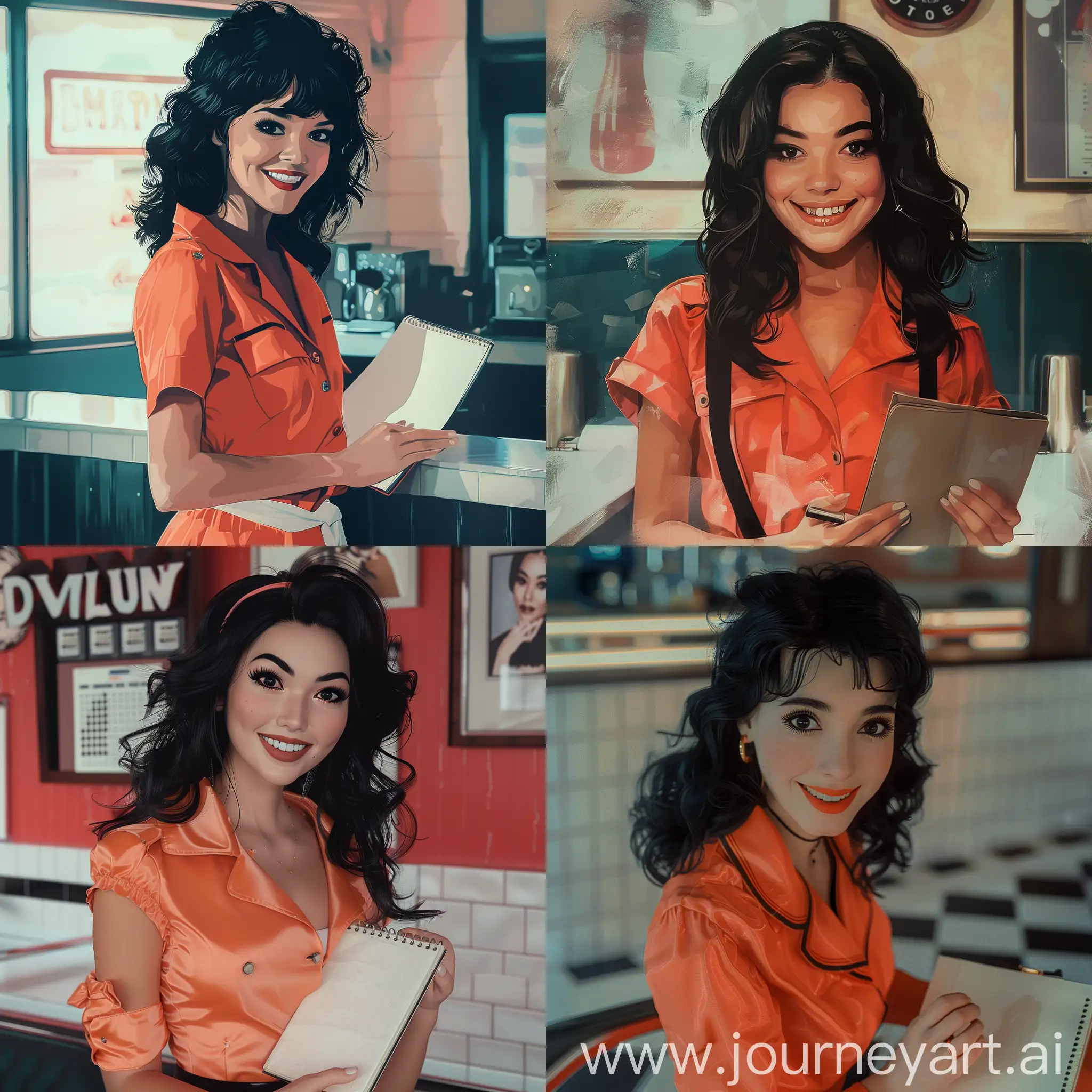 An 80s sexy waitress serving you, smile, from the front, black wavy hair, black eyes, white skin, salmon-colored waitress outfit, 80s style, 80s look, 80s effect, 80s clothes and hair, diner background, retro, indie, vintage, classic, old, nostalgic, grounge, holding a notebook, real, realistic, photorealistic, VHS photo effect, sexy, glamour, luxury, fame, love 