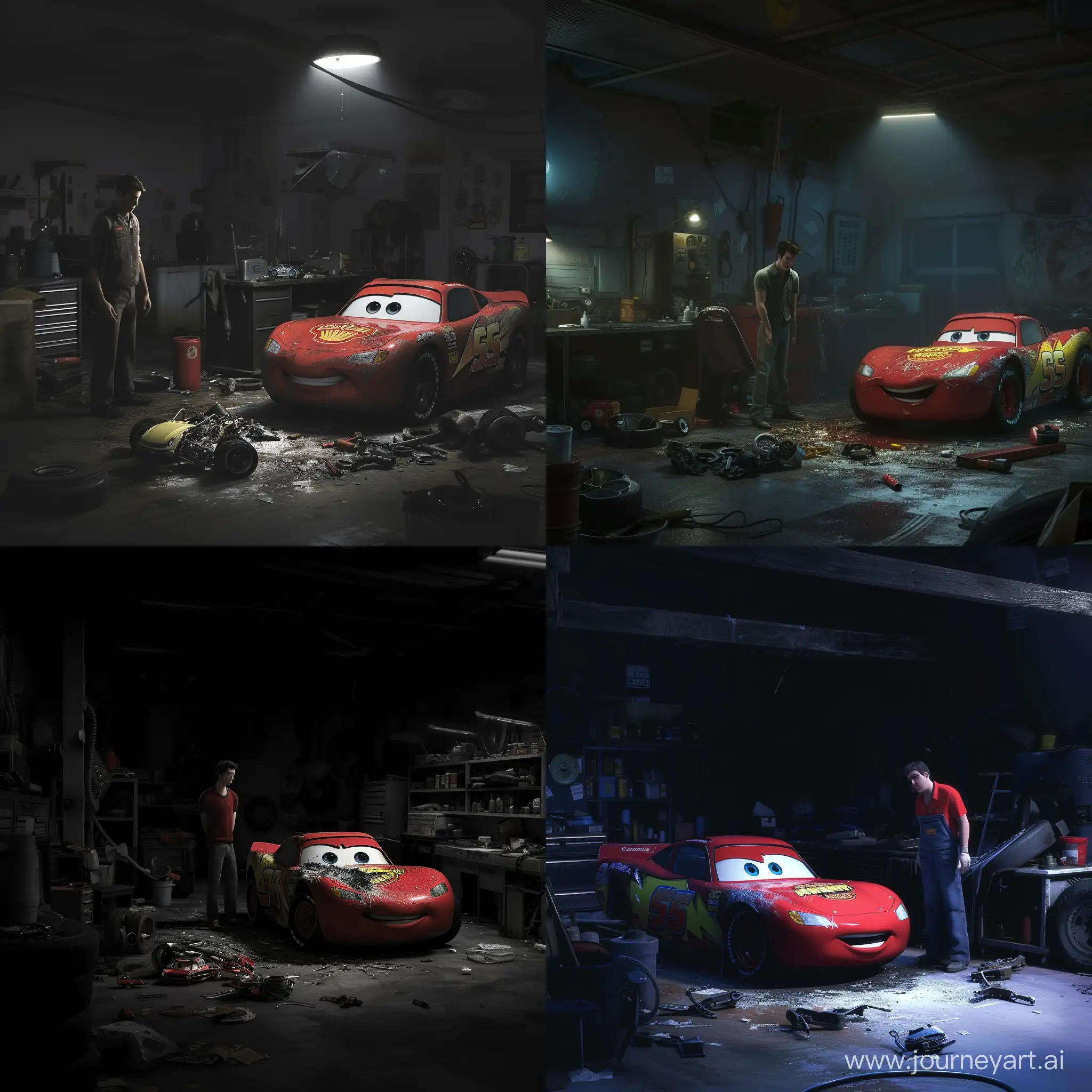 В очень темном гараже стоит механик. Рядом с ним стоит lightning mcqueen немного поломанный и на полу разбросаны детали