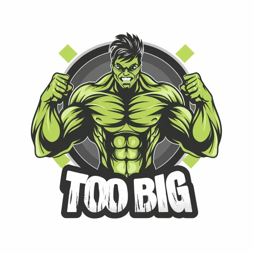 logo, an abstract bodybuilder in the style of a hulk, with the text "Too big", typography, be used in Entertainment industry