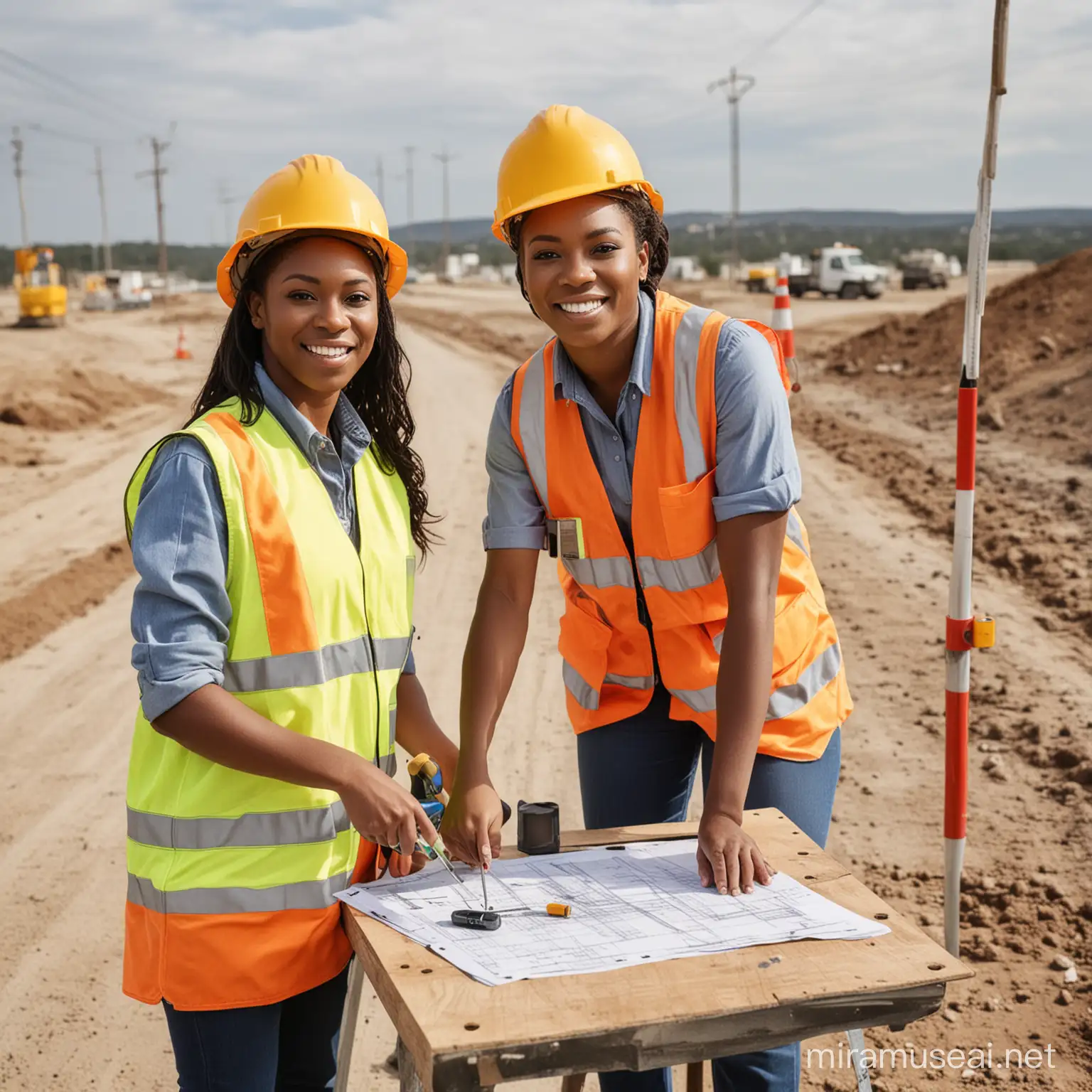 portrait d'un technicien  topographe afroaméricain et une collègue dame sur un chantier routier avec ses instruments de mesures