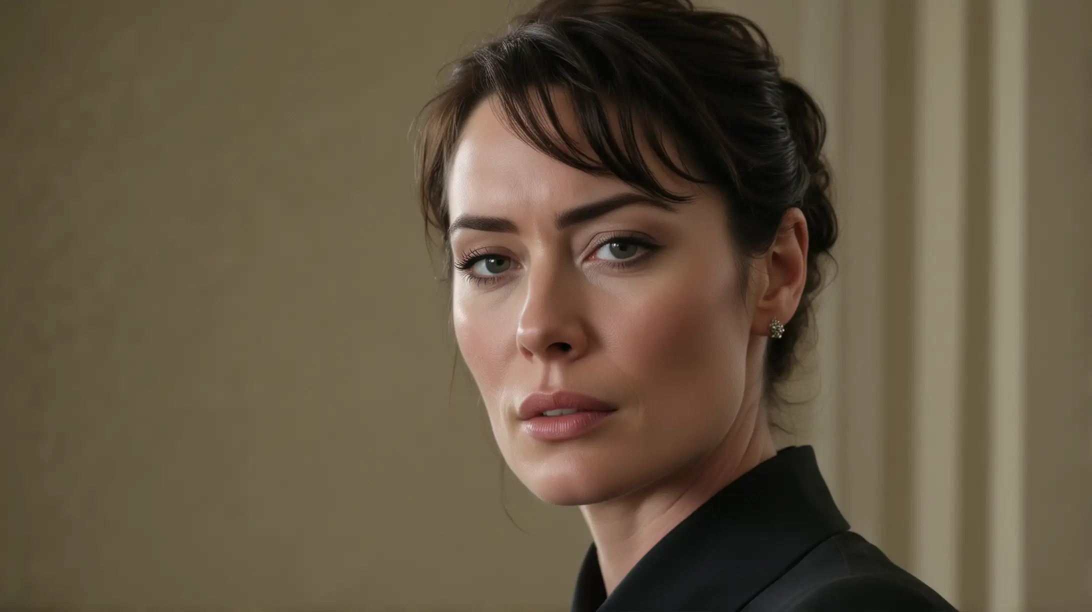 I need a image of female character similar to a movie still taken from a movie scene, look similar to Lena Headey a determined, resilient women with a complex past. She is in her early forties with sharp features, cold businesswoman. The focus is tight on Griffin, employing a short depth of field to blur the opulent, yet oppressive background, 


