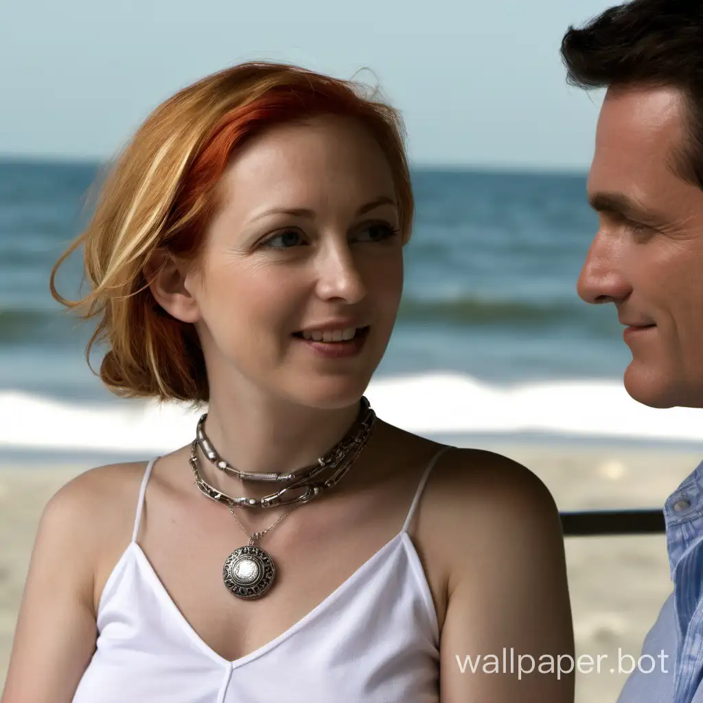 The link is https://m.media-amazon.com/images/I/51UlptXJ+AL._AC_SL1500_.jpg. On a summer afternoon at the beach, the background is a restaurant. The picture must show an American man and a woman. , the man had just put a necklace on the woman, and the two looked at each other affectionately, showing the necklace and pendant worn by the woman. The necklace is the necklace in the picture link, and the picture shown needs to be taken by a Canon D60 camera.