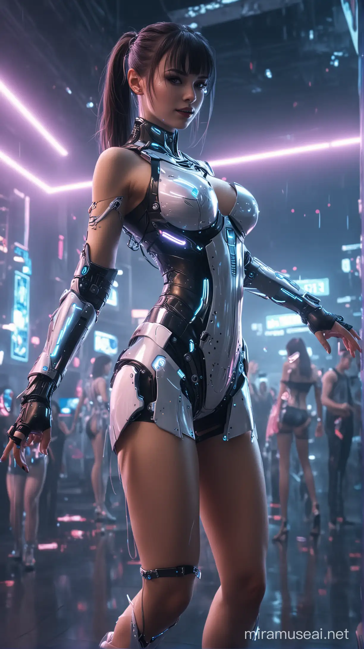the future, cyber city night, beautiful cyber girl dancing at the night club