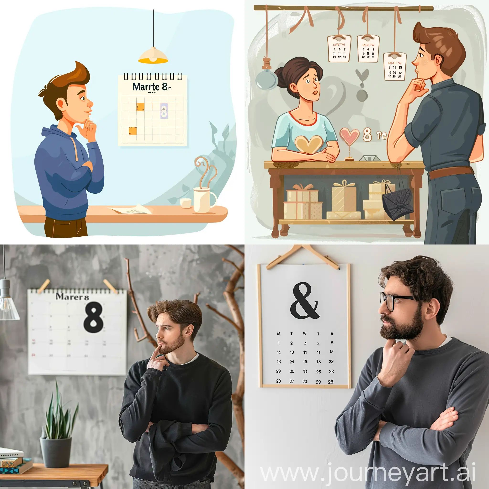 Man-Contemplating-March-8th-Gift-with-Calendar-in-Background