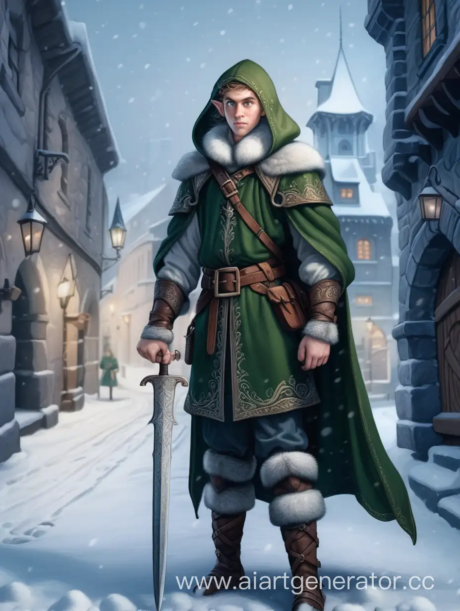 Средневековье. Эльф, одетый в тёплую зимнюю одежду с кинжалом на поясе, стоит на фоне городской улицы заваленной снегом. Идёт метель. Вечер.