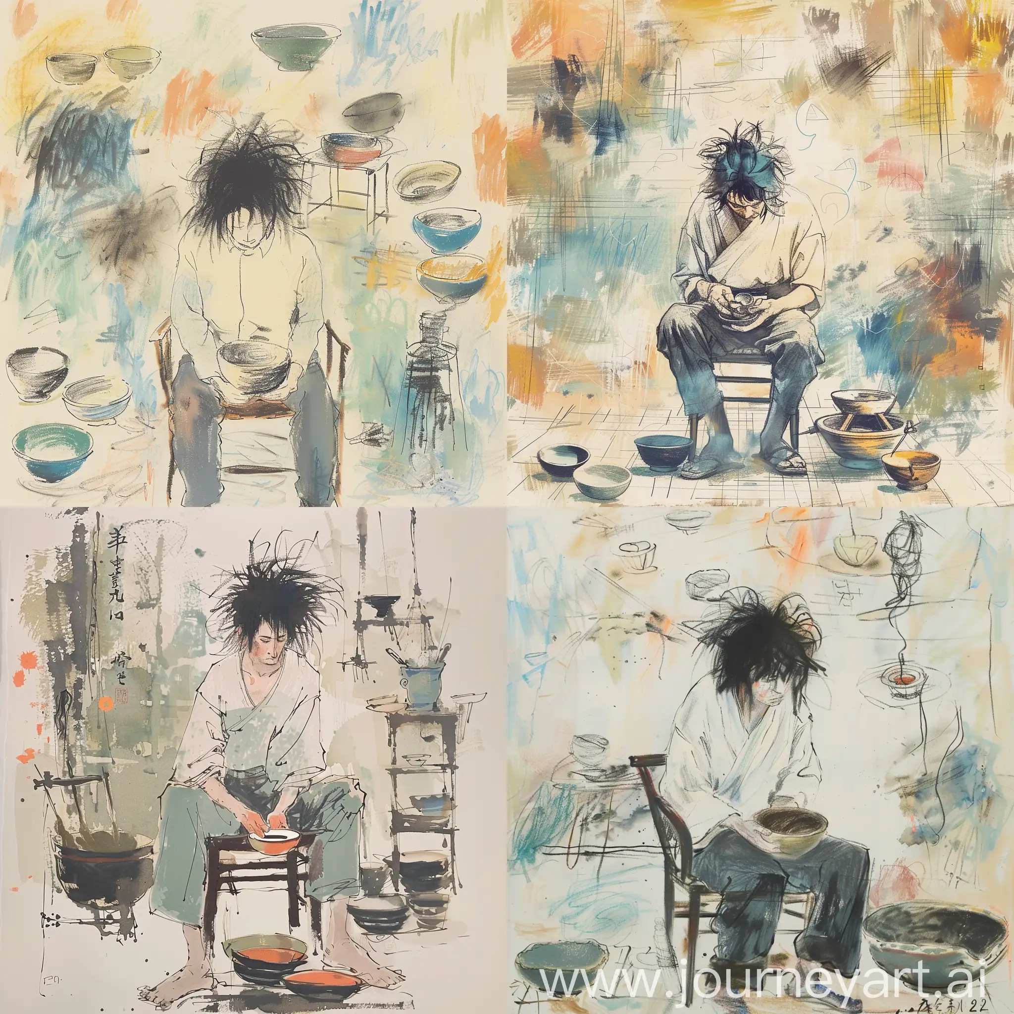 Artist type sketch of a disheveled hair potter in soft pastel colors, ((Japanese male)), ((Japanese male)) seated on a chair, engrossed in making bowls. (Charcoal) (brazier) and bowl works, various bowl shapes are arranged stylistically. The background is a peaceful scene of creative expression in various oils and watercolors in the style of Matisse. Simple lines and flat colors, illustration, simplicity, Y2K