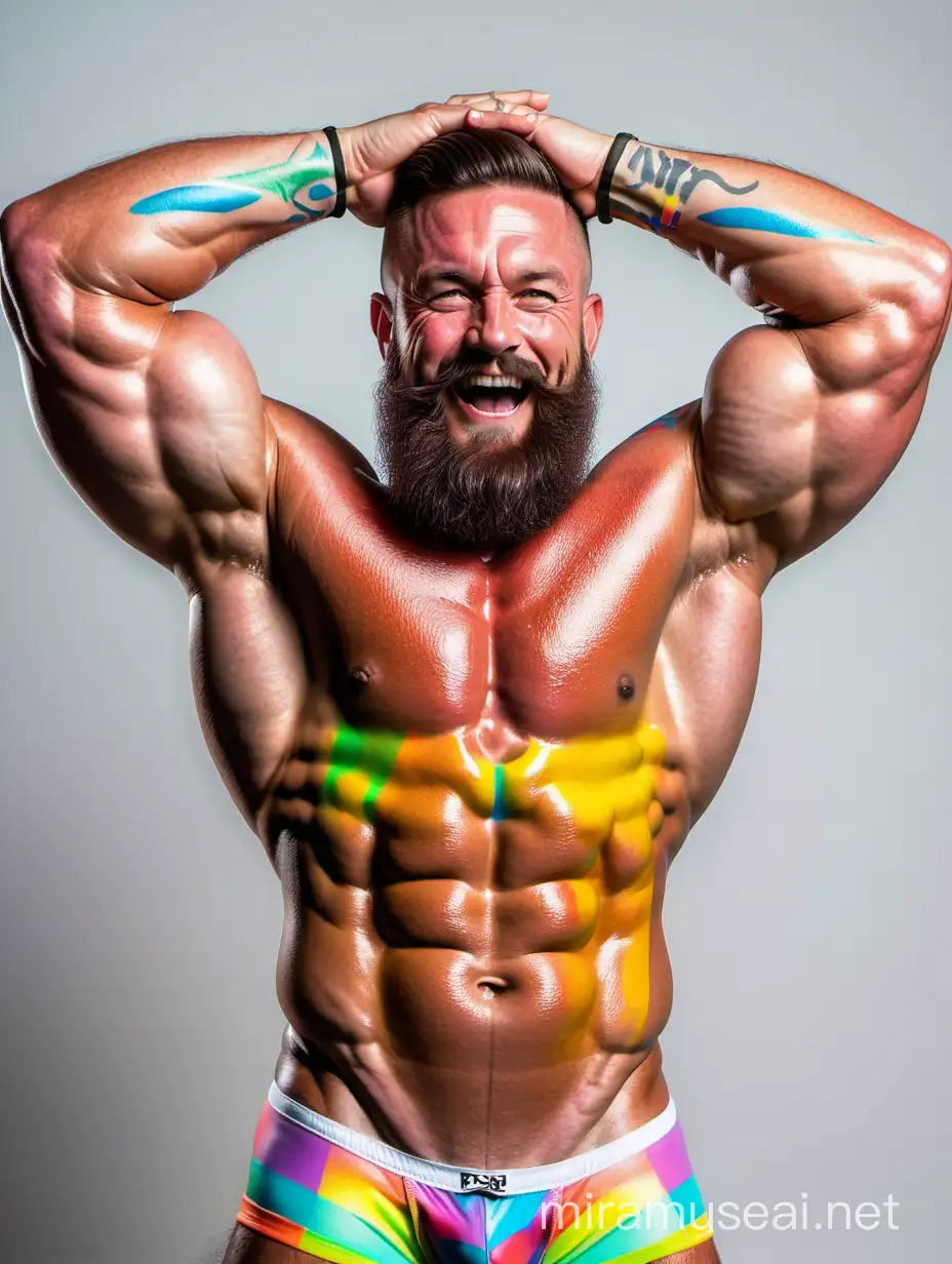 Topless 30s Thick Beefy IFBB Bodybuilder Beard Daddy Bright Highlighter Rainbow Coloured Grow in the Dark ink Paints All Over his Body short shorts Holding up his Big Strong Arms on this head and Flexing