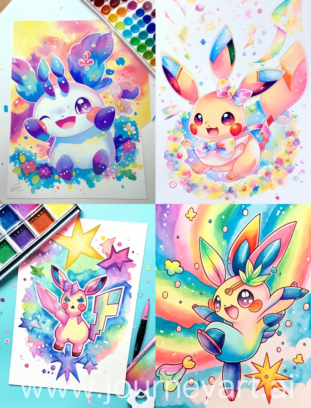 a dazzling and celebratory Pokémon that spreads joy with its radiant colors and festive energy! 🌈✨, anime style, watercolor