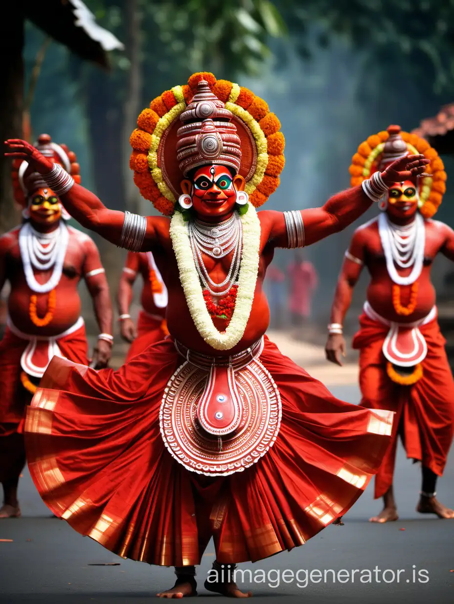 Theyyam God dancing ecstatic in Kerala temple background in an