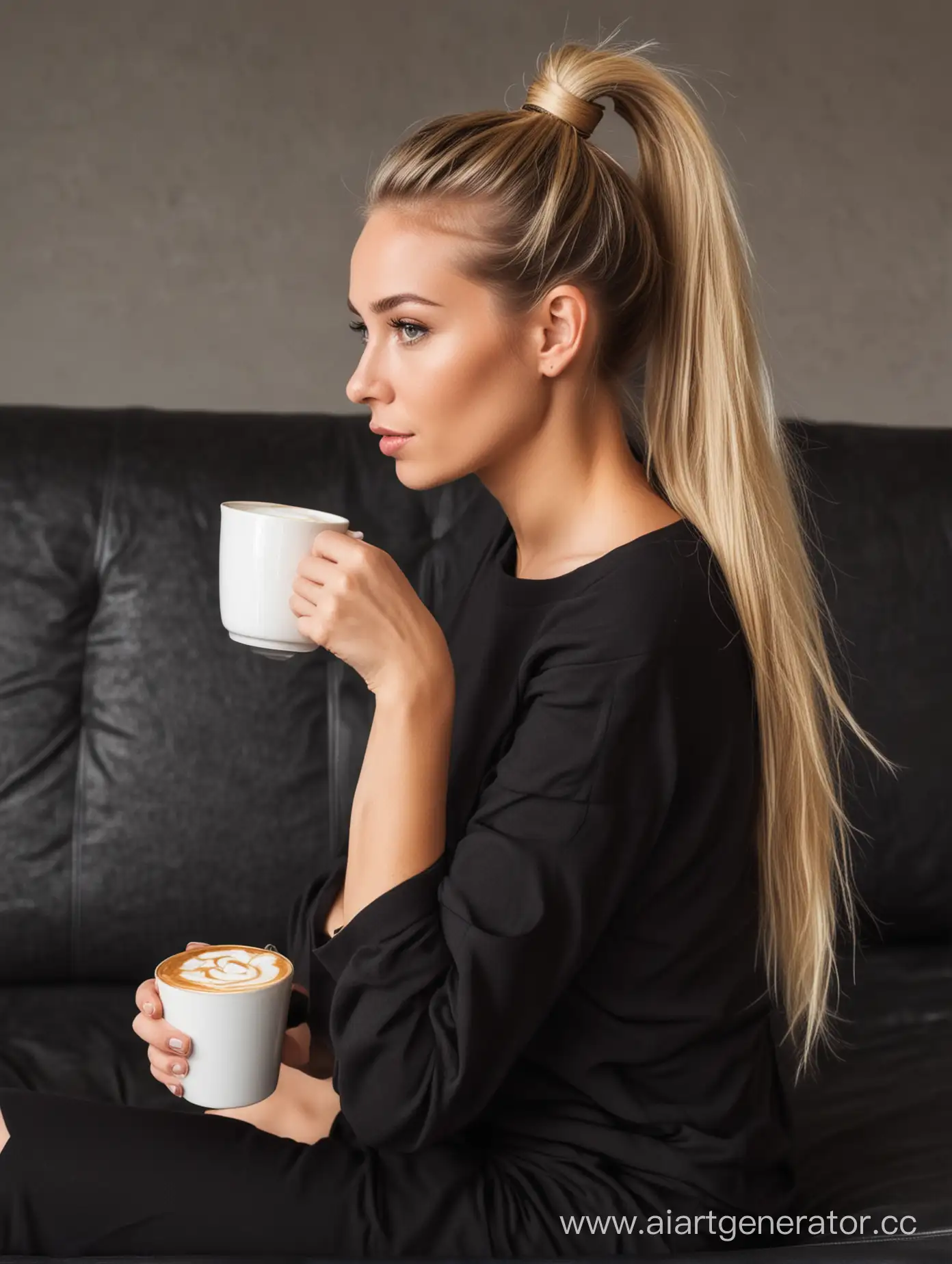 Blonde-Woman-Enjoying-Cappuccino-on-Black-Couch