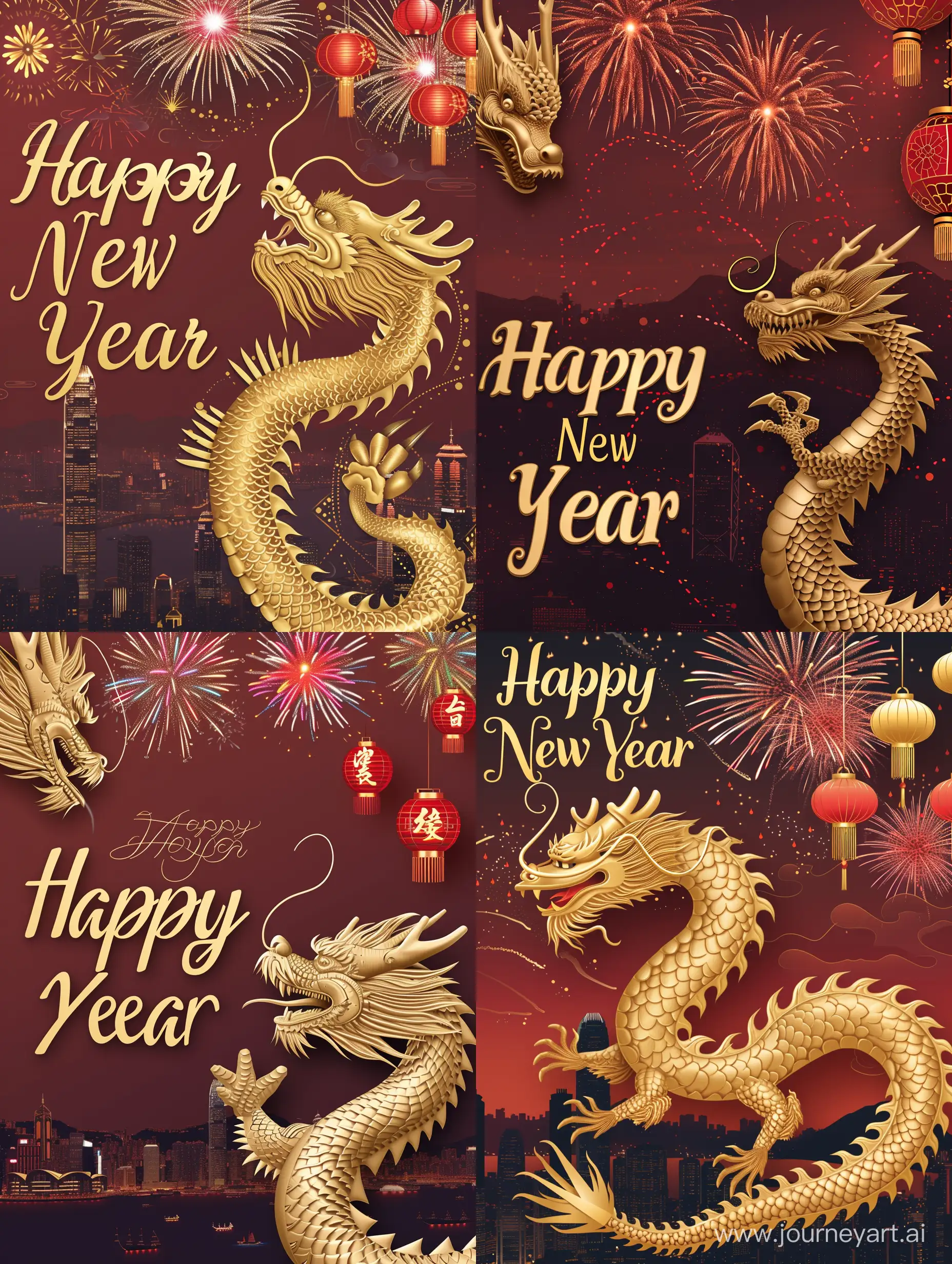 a golden dragon, with claws, side view, 3D style with details lighting, located across the screen, head on left top and tail on right button; background is Hong Kong city view silhouette in dark red color across the lower half of screen; colourful fireworks on top, 3D style; 3 Chinese styled lanterns in red and gold located top right corner; text “Happy New Year ” with shadows, bold, calligraphy style, golden color, located on the left next to dragon head.