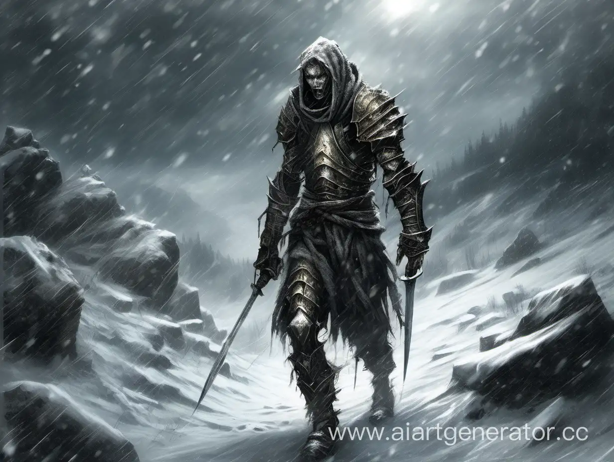худощавый еле живой хромой  молодой воин в легкой броне плетется сквозь снежную бурю в горах в мрачном хоррор стиле с очень хорошей детализацией индивидуально