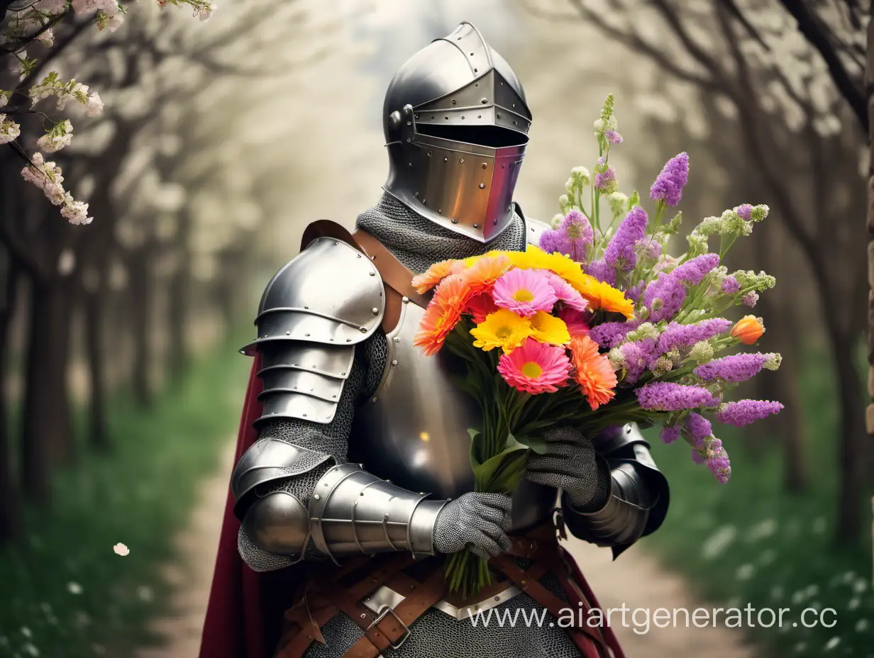 Средневековый рыцарь держит букет ярких цветов, нежные оттенки, весна, природа, праздник весны