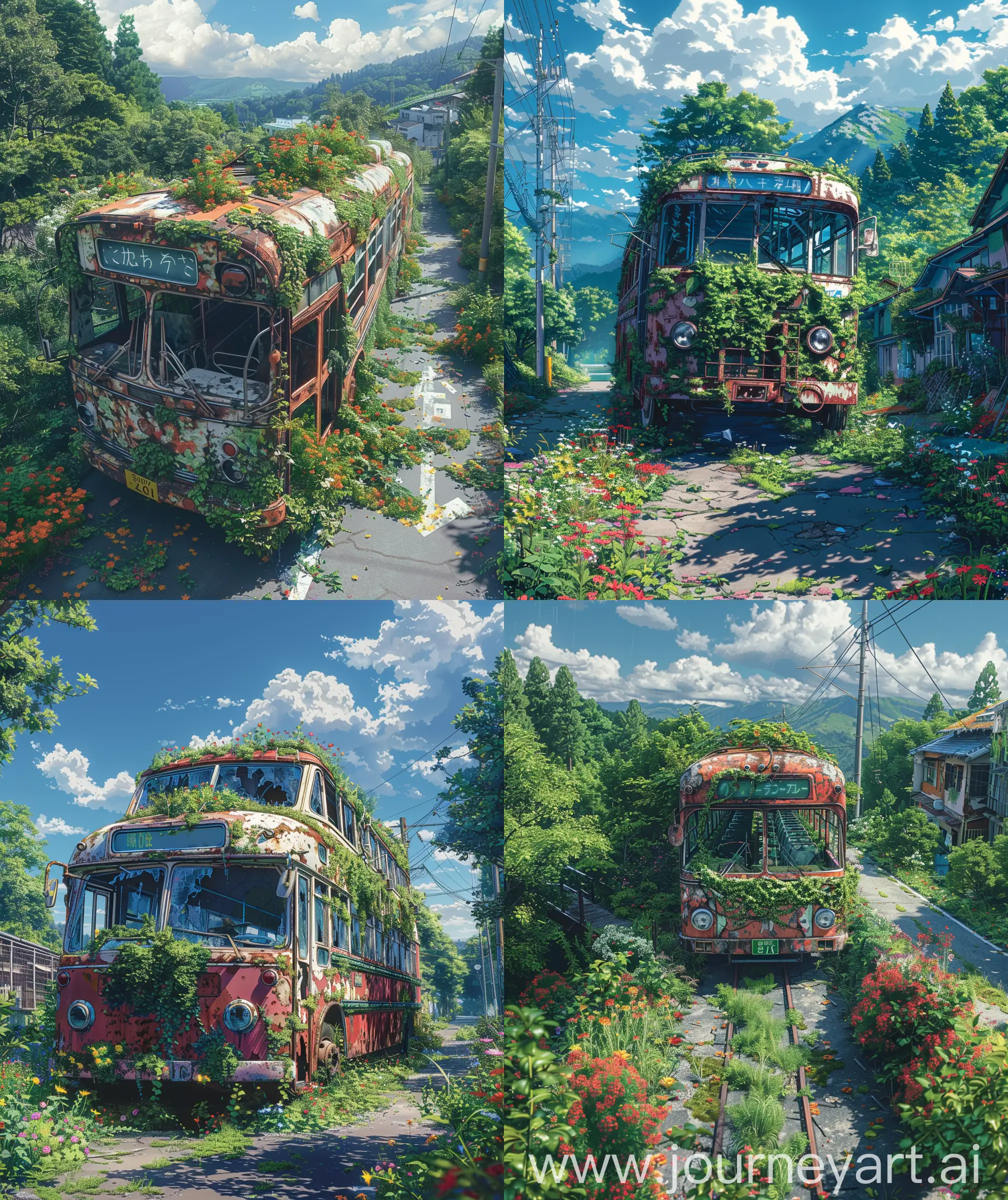 Anime scenary, illustration, mokoto shinkai, and Ghibli style mix, direct front facade view of abandoned bus top, overgrown ivy and wild colorful flowers, road, ultra HD, high quality, sharp details, no hyperrealistic --ar 27:32 --s 400