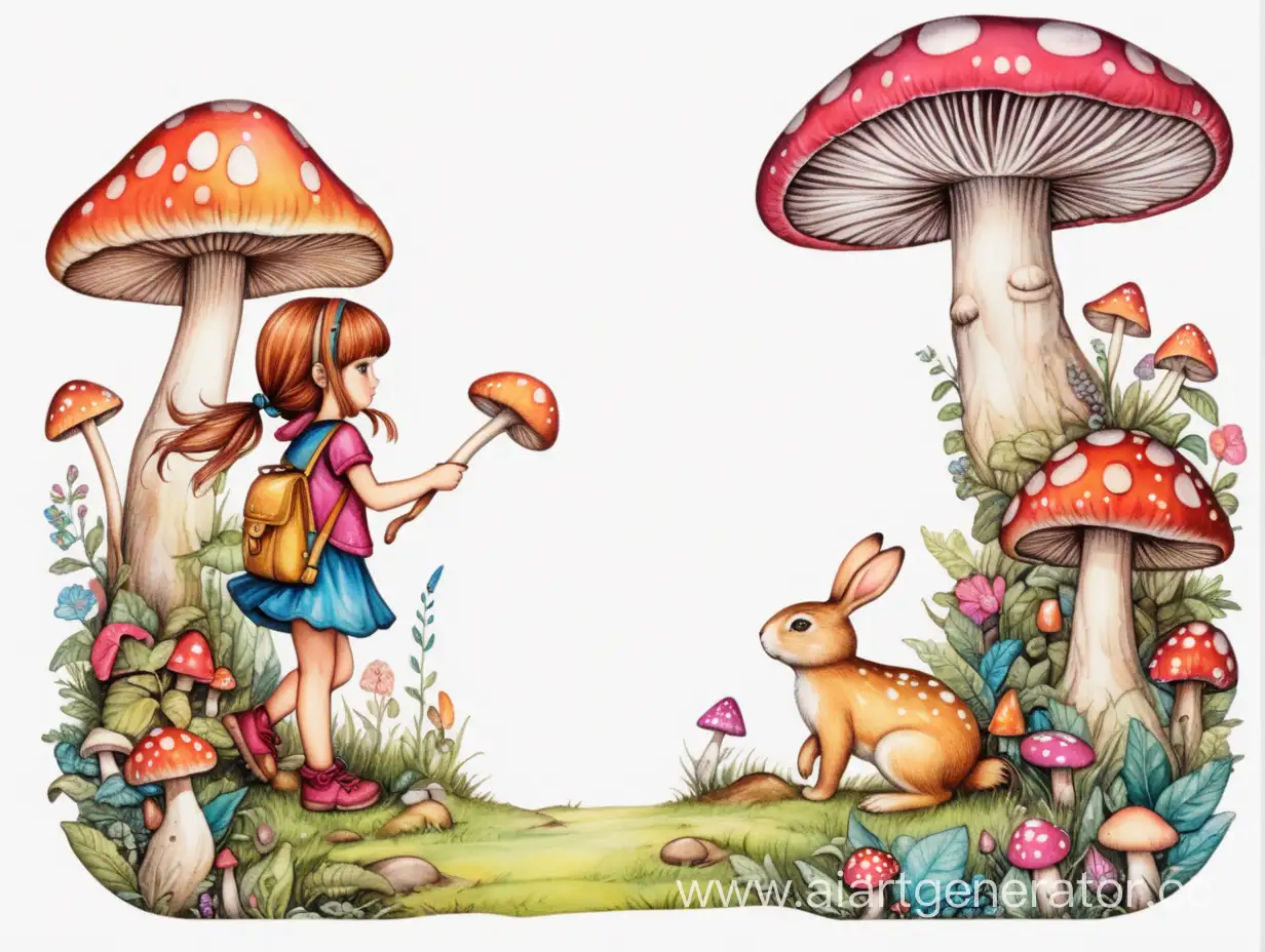Этикетка для маркеров "разноцветная девушка с зайчиком гуляют в сказочном грибном лесу на белом фоне"