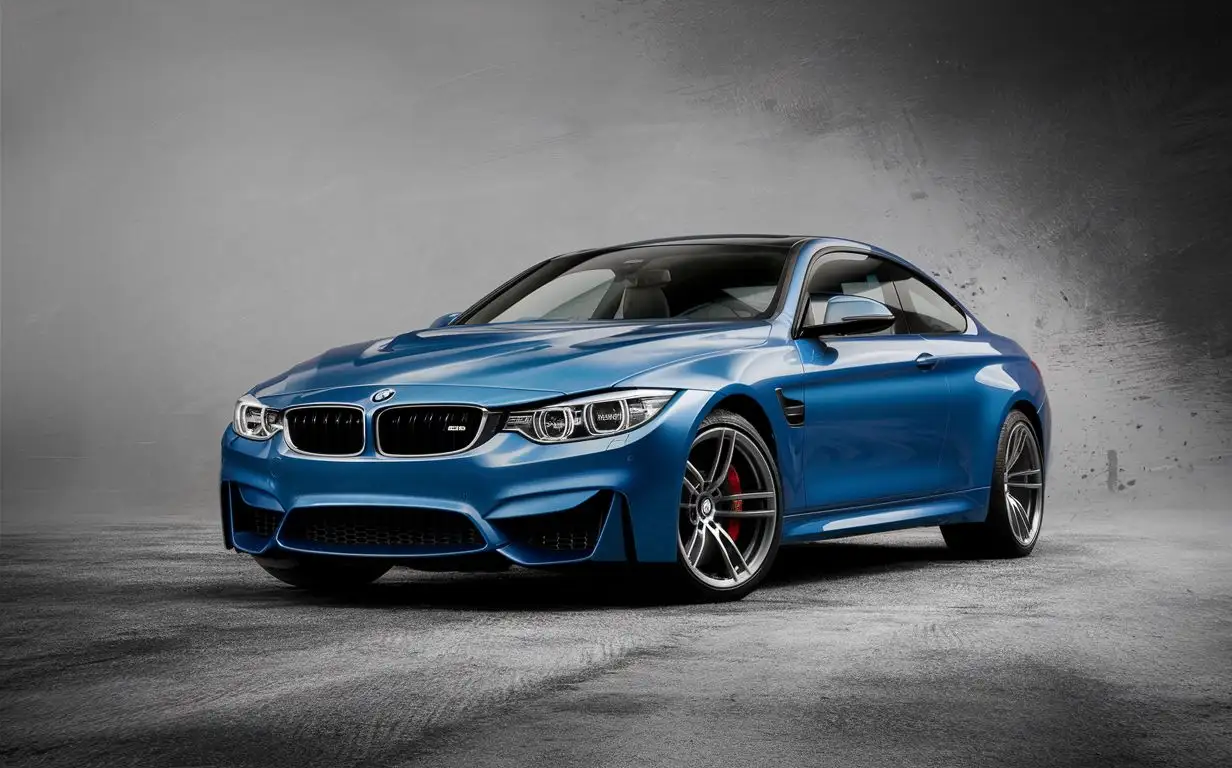 A racing blue BMW M4 without driver and the shot is from the front slightly from the right side with a gray background