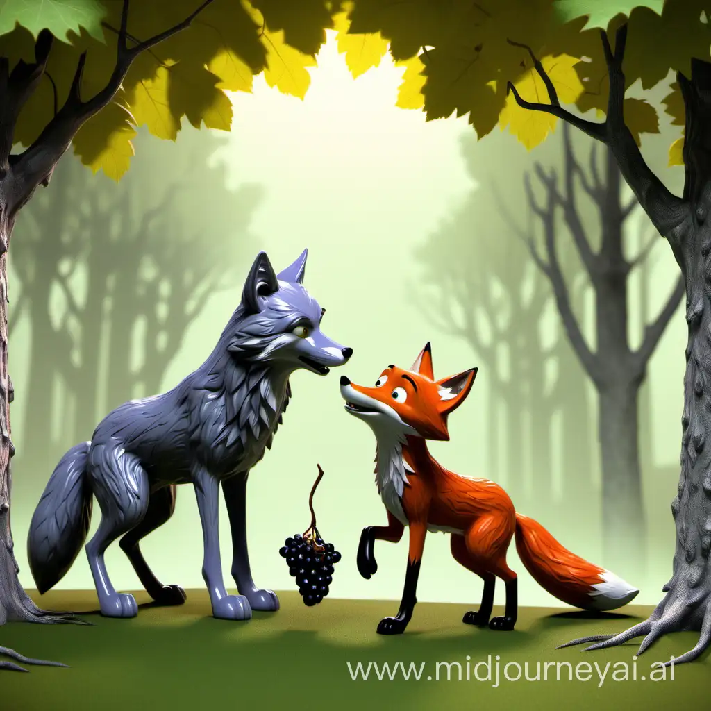 Clever Fox Tricks Hungry Wolf for Grapes in Sunny Forest