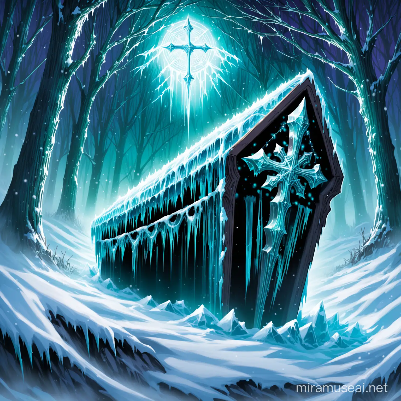 Mystical Nighttime Snowfall Encompassing a Frozen Coffin