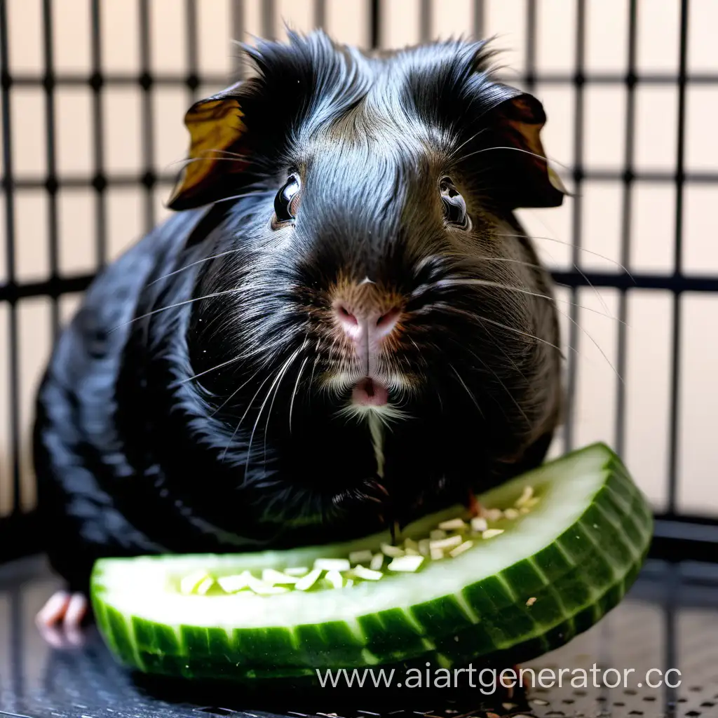 Adorable-Black-Guinea-Pig-Enjoying-Fresh-Cucumber-Feast-in-Cozy-Cage