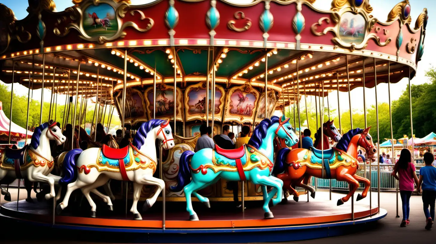Vibrant Carousel Scene Eager Parents and Colorful Horses in Amusement Park