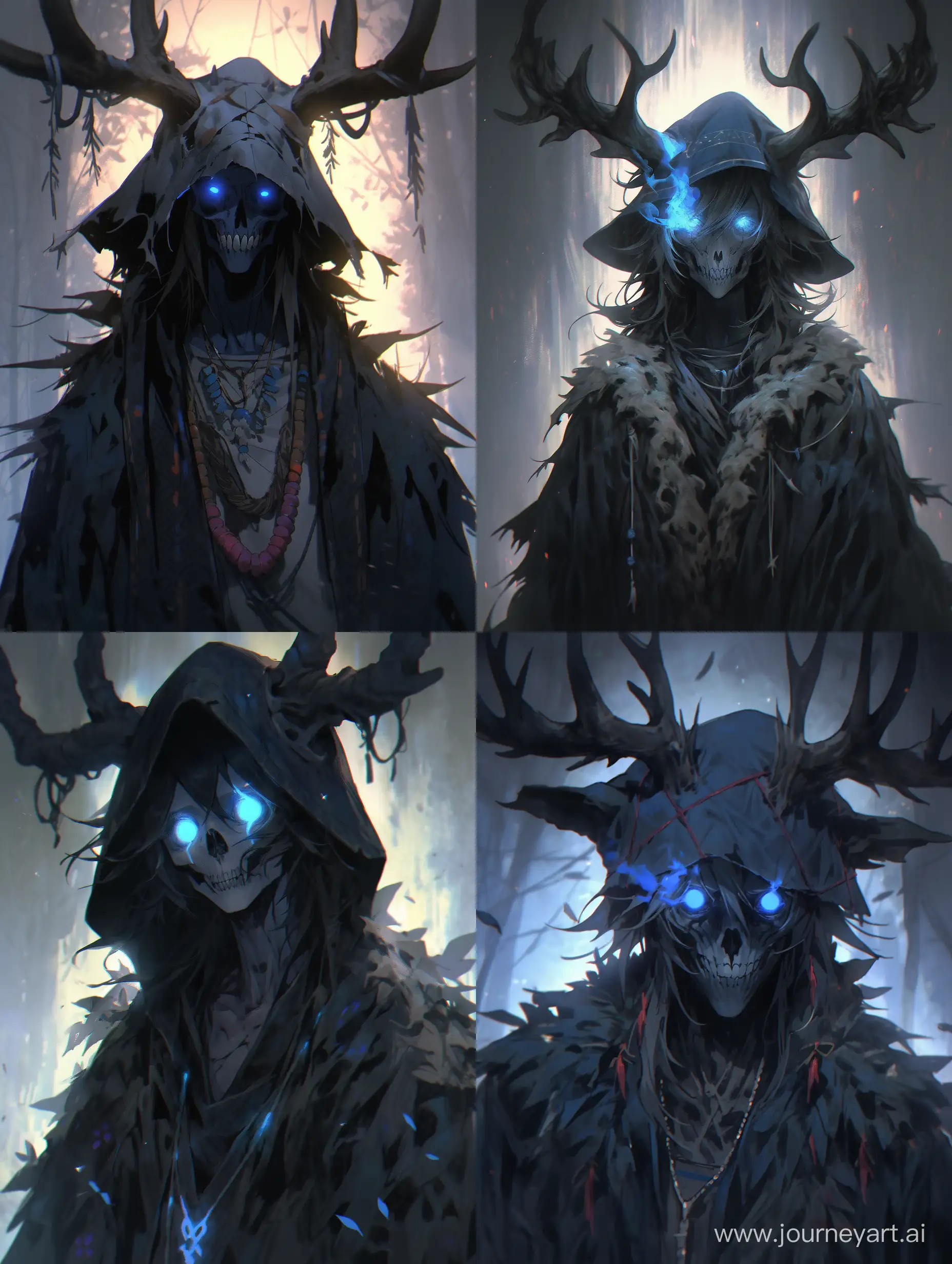 male windigo, black fur, deer skull face, blue glowing pupils, a necklace on the neck, wolf ears, cinematic light, oil paint, rough strokes, ultrarealistic textures, --s 750 --niji 5 