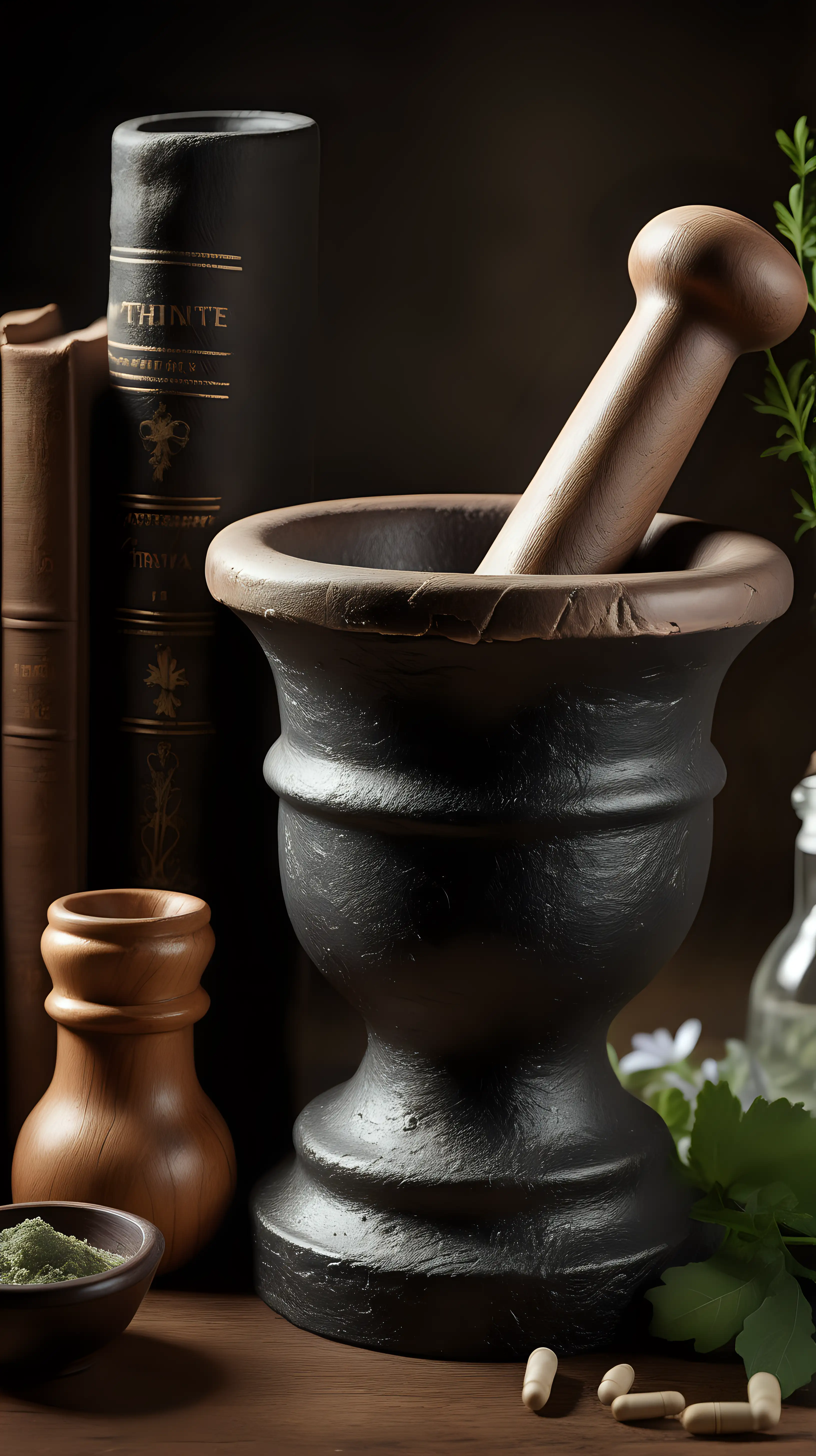 Imagine we're prompting, a captivating trivia background for medicine highlighting a vintage apothecary mortar and pestle. Showcase the details of this medical item with a high-quality camera model and lens. Illuminate the scene with soft, natural lighting, creating a visually appealing and focused composition for an immersive medicine trivia backdrop.
