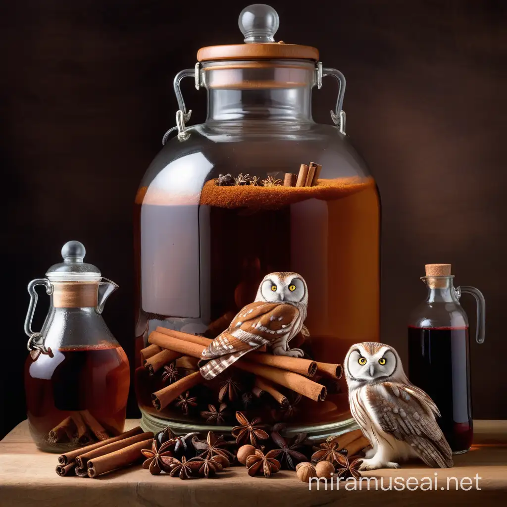 Cinnamon sticks and clove pods and allspice berries and nutmeg surround a carboy, the carboy is filled with a translucent brown liquid, an owl perches atop the carboy