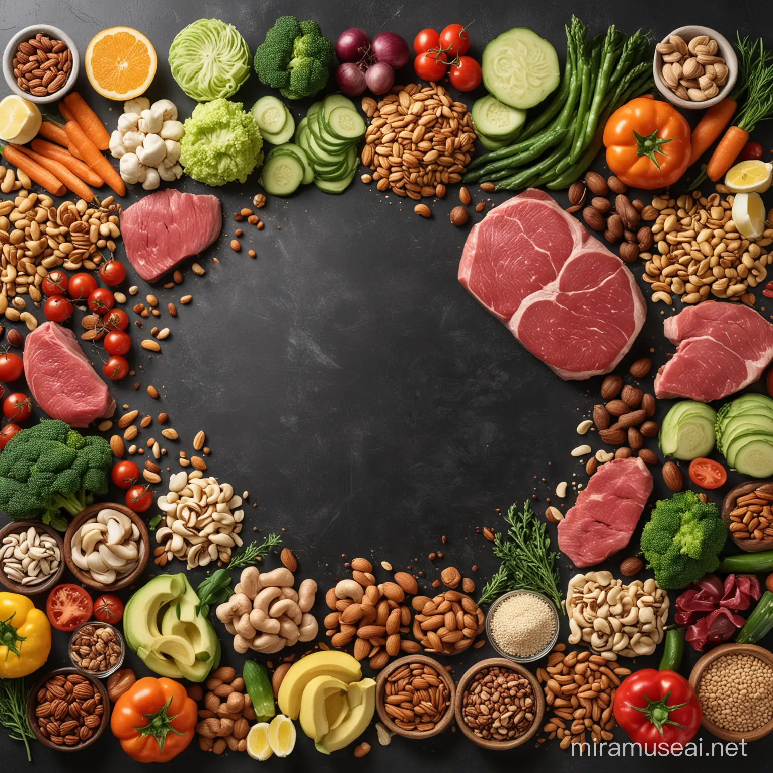 Create an high resolution
 image of healthy food with vegetables, nuts, fish, steak, 