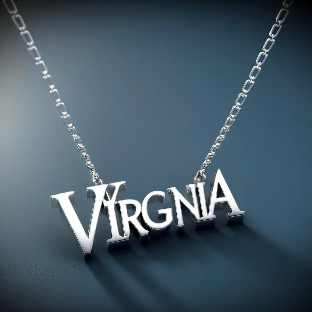 3D image of a silver necklace with the name "virginia" as the pendant 